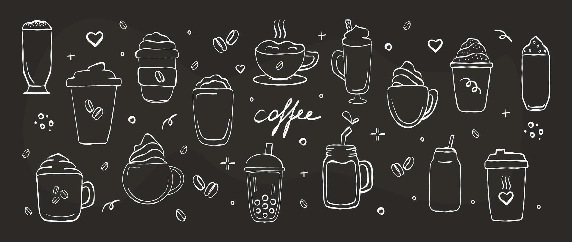 línea Arte conjunto de diferente tipos café bebida. garabatear vector ilustraciones aislado en tiza tablero antecedentes. Café exprés, americano, capuchino, latté.