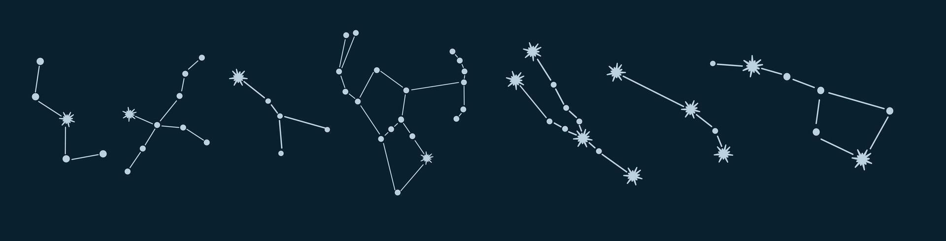 Set of constellation vector illustration. Hunter,  Orion, Cassiopeia, Cygnus, Big Dipper, Aries, Taurus.