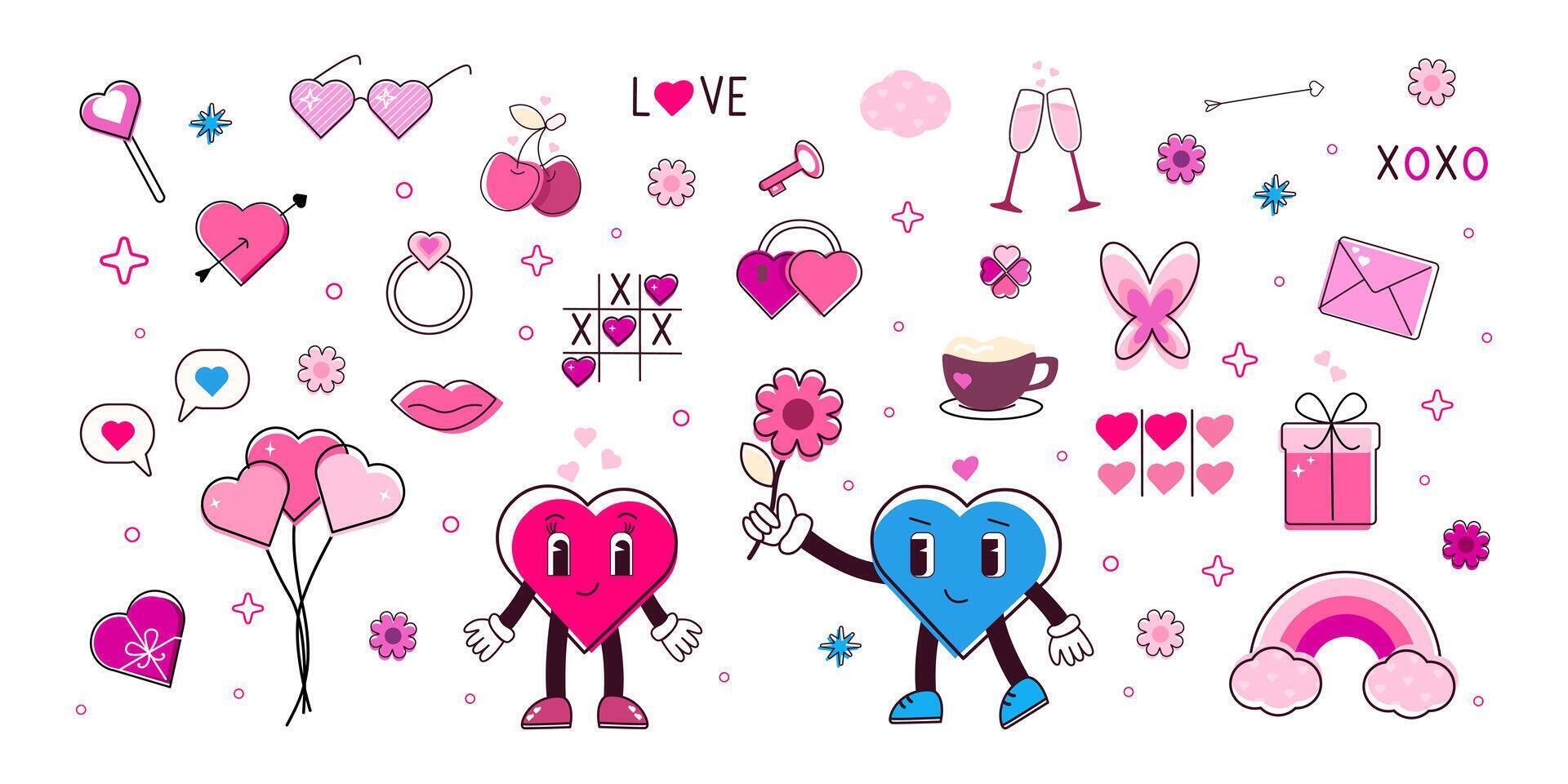 conjunto san valentin día. encantador corazón. Boda y amor concepto. romántico elemento corazones, regalo, sobre, labios, globos, anillo, mariposa, tic tac dedo del pie, arcoíris, cereza, lentes. vector