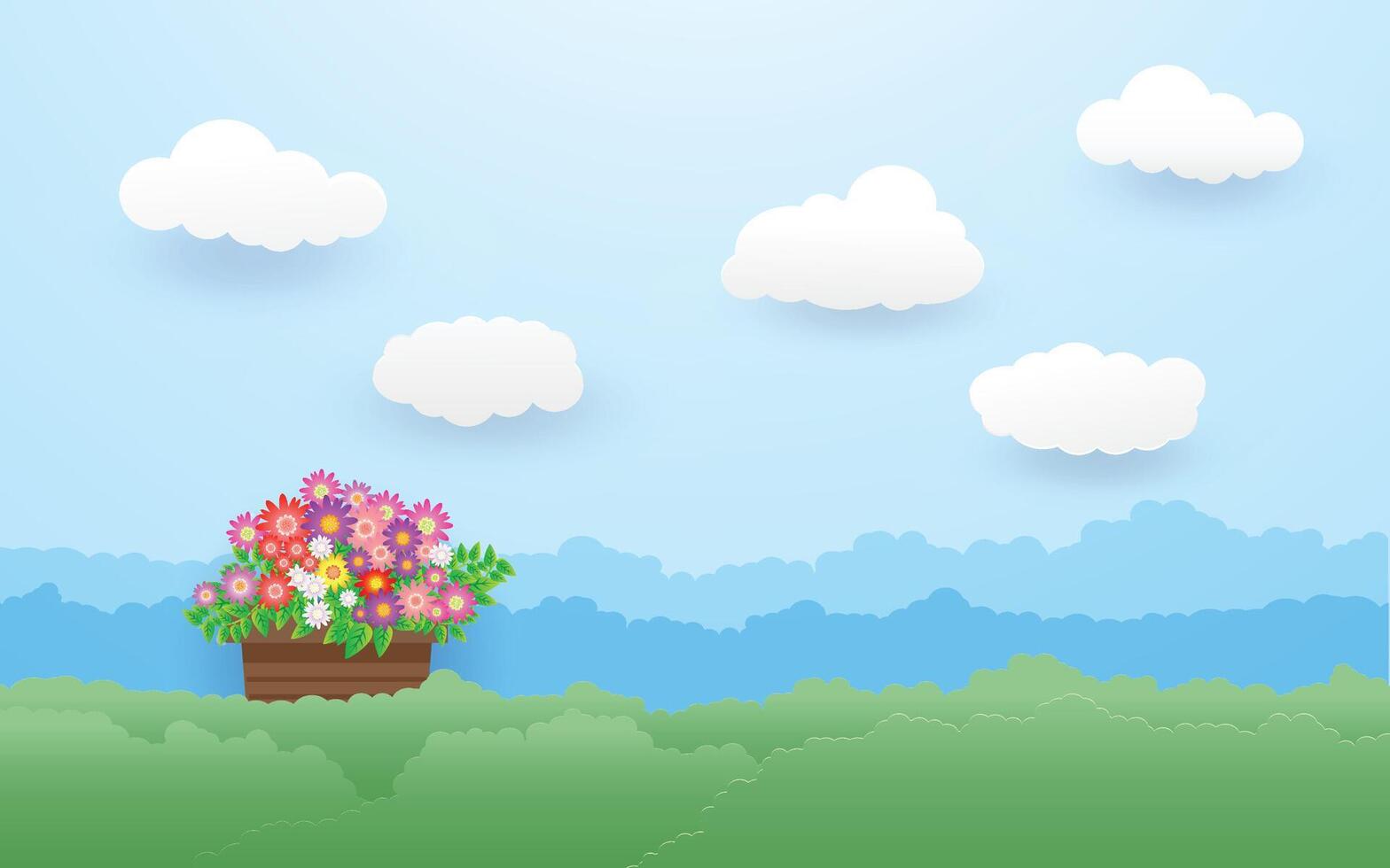 flowers in the basket , Concept of love , Message on hearts, paper art sweet love. vector