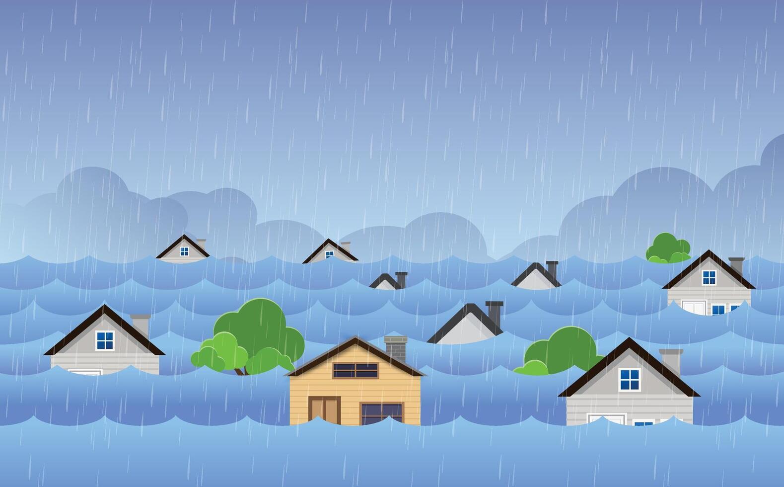 Flood natural disaster with house, heavy rain and storm vector