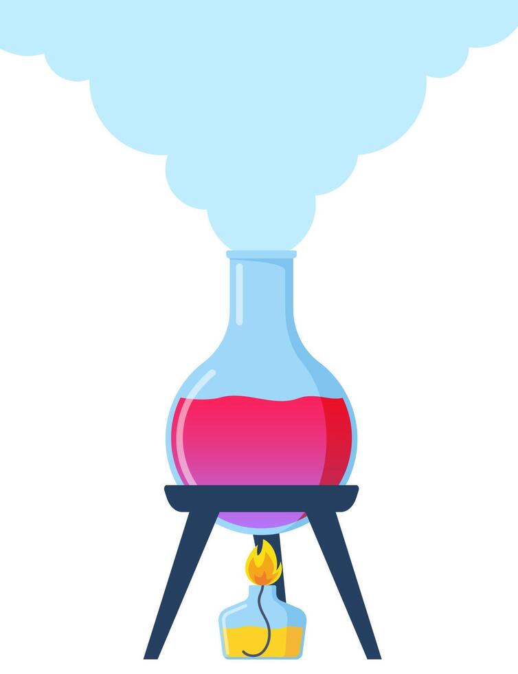 Test tube is heated over the fire of a spirit lamp, a burner. Chemistry, Scientific laboratory experiment. Combustion process, heating. Evaporation process. Vector illustration.