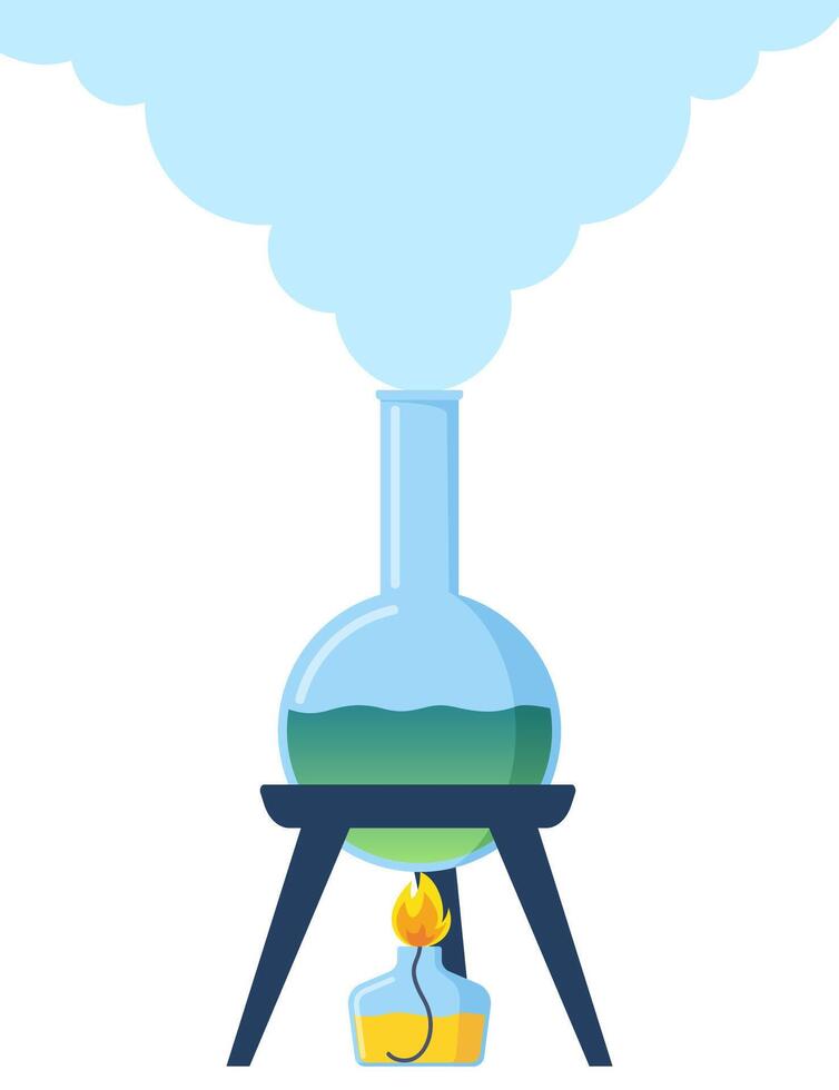 Test tube is heated over the fire of a spirit lamp, a burner. Chemistry, Scientific laboratory experiment. Combustion process, heating. Evaporation process. Vector illustration.