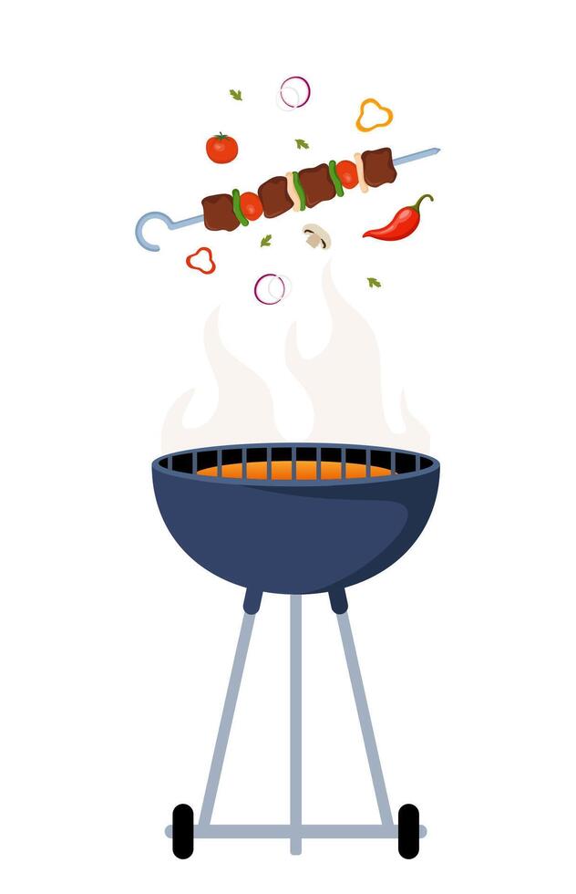 Kebab, shashlik, grilled on skewer, food meat. Cooking Meat Shashlik on Fire BBQ outdoor. Shish kebab with slice onions, pepper, and tomato. Vector illustration.