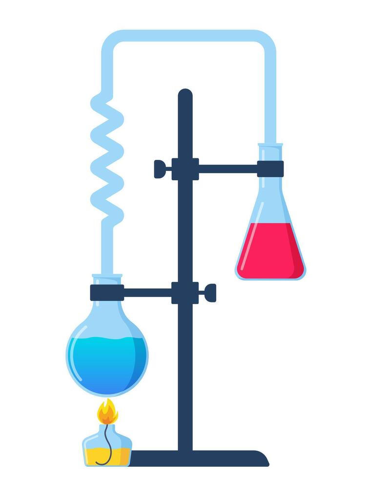 Test tube is heated over the fire of a spirit lamp, a burner. Chemistry, Scientific laboratory experiment. Combustion process, heating. Evaporation process. Vector illustration.