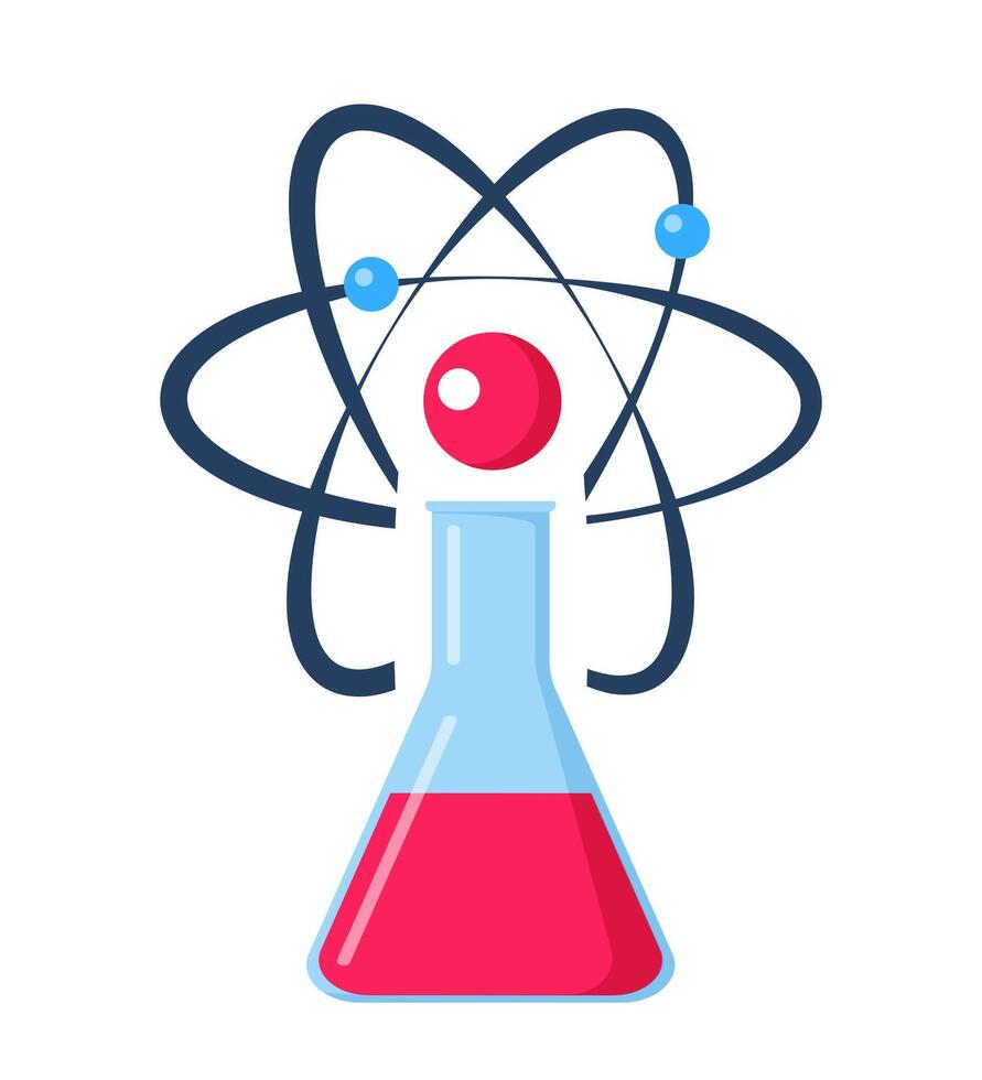 Chemical flask and atom icon. Laboratory experiment symbol, logo. Vector illustration.