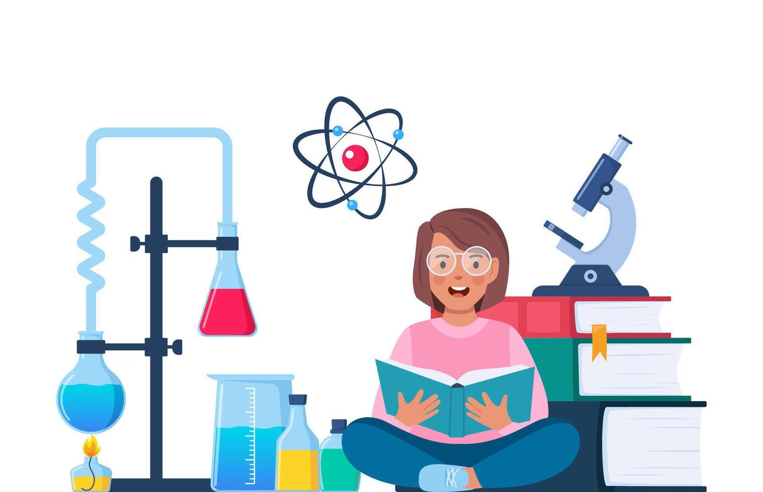 Little kid studying chemistry. Chemist's workplace with books and laboratory equipment. Research and exploration. Studies in chemistry. Vector illustration.