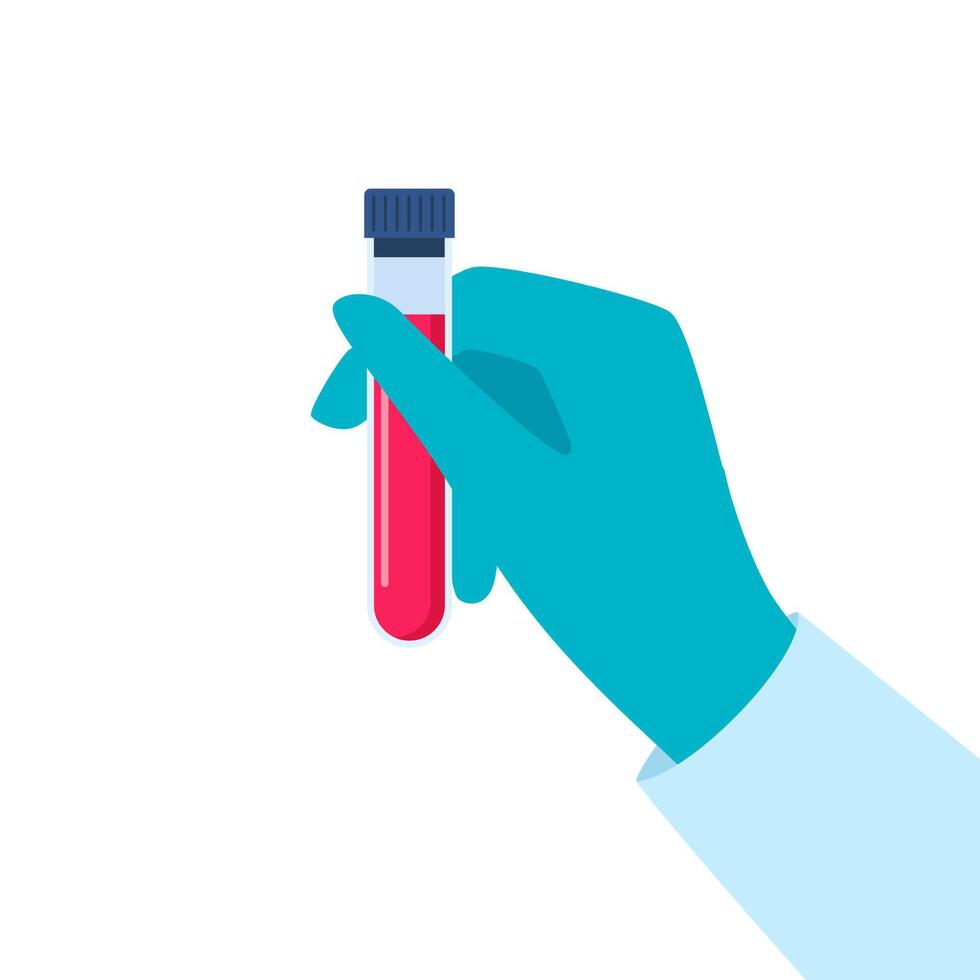 Chemical Researcher's hand in a rubber glove holding test tube with some substance. Molecule of organic substance. Laboratory research. Vector illustration