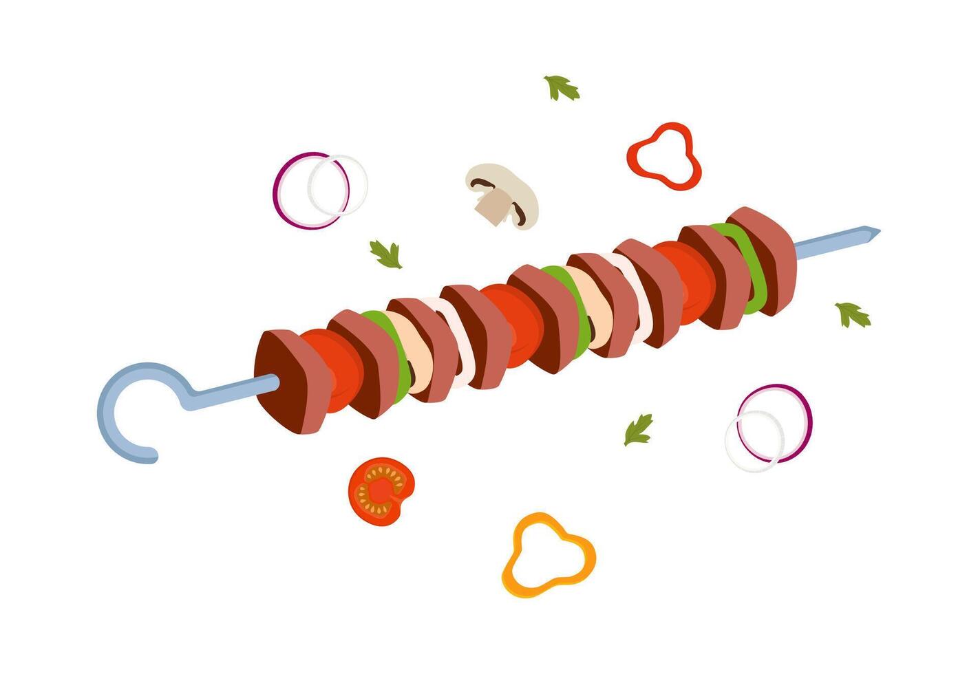 Kebab, shashlik, grilled on skewer, food meat. Shish kebab with slice onions, pepper, and tomato. Grilled BBQ food. Traditional juicy barbecue, kebab. Vector illustration.