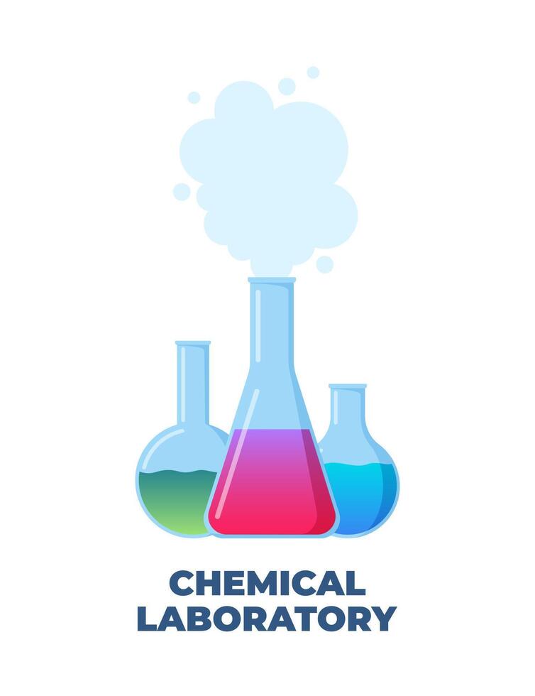 Chemical laboratory logo. Glassware with chemical reagents. Laboratory test tubes. Medical scientific research. Experiment equipment. Lab measuring beaker. Bottle, flask. Vector illustration.