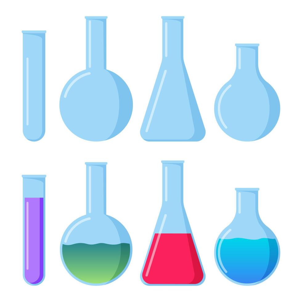 Transparent glassware with chemical reagents. Laboratory test tubes. Medical scientific research. Experiment equipment. Lab measuring beaker. Bottle, flask. Vector illustration.