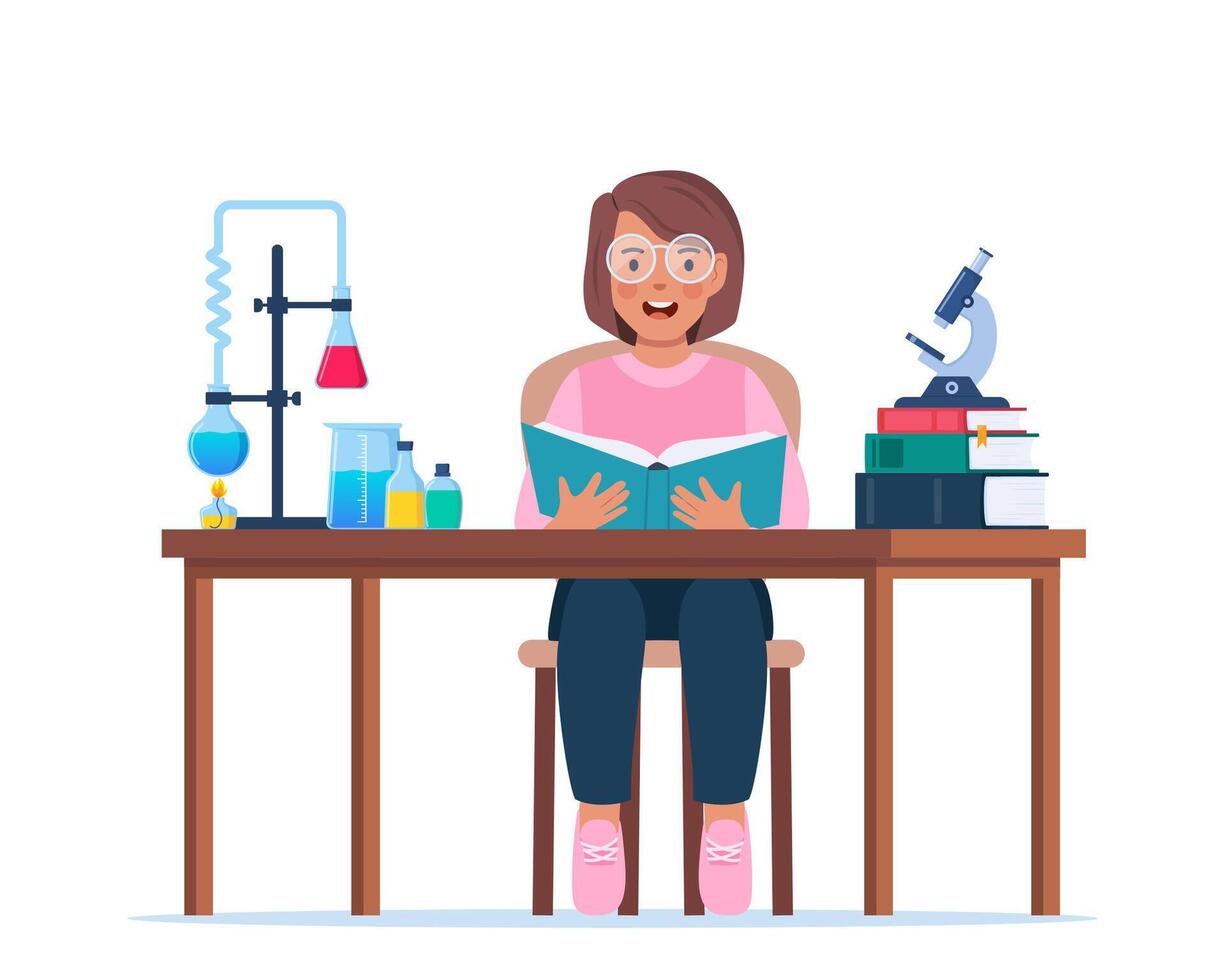 Little kid studying chemistry. Chemist's workplace with books and laboratory equipment. Research and exploration. Studies in chemistry. Vector illustration.