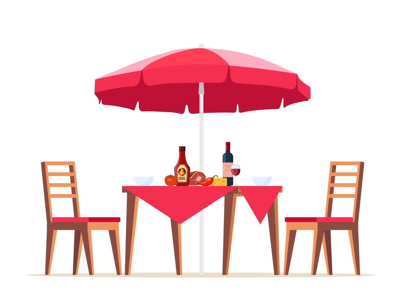 Summer picnic table covered with a tablecloth, chairs and umbrella. Food on the table for family barbecue, picnic, grill party. Vector illustration.