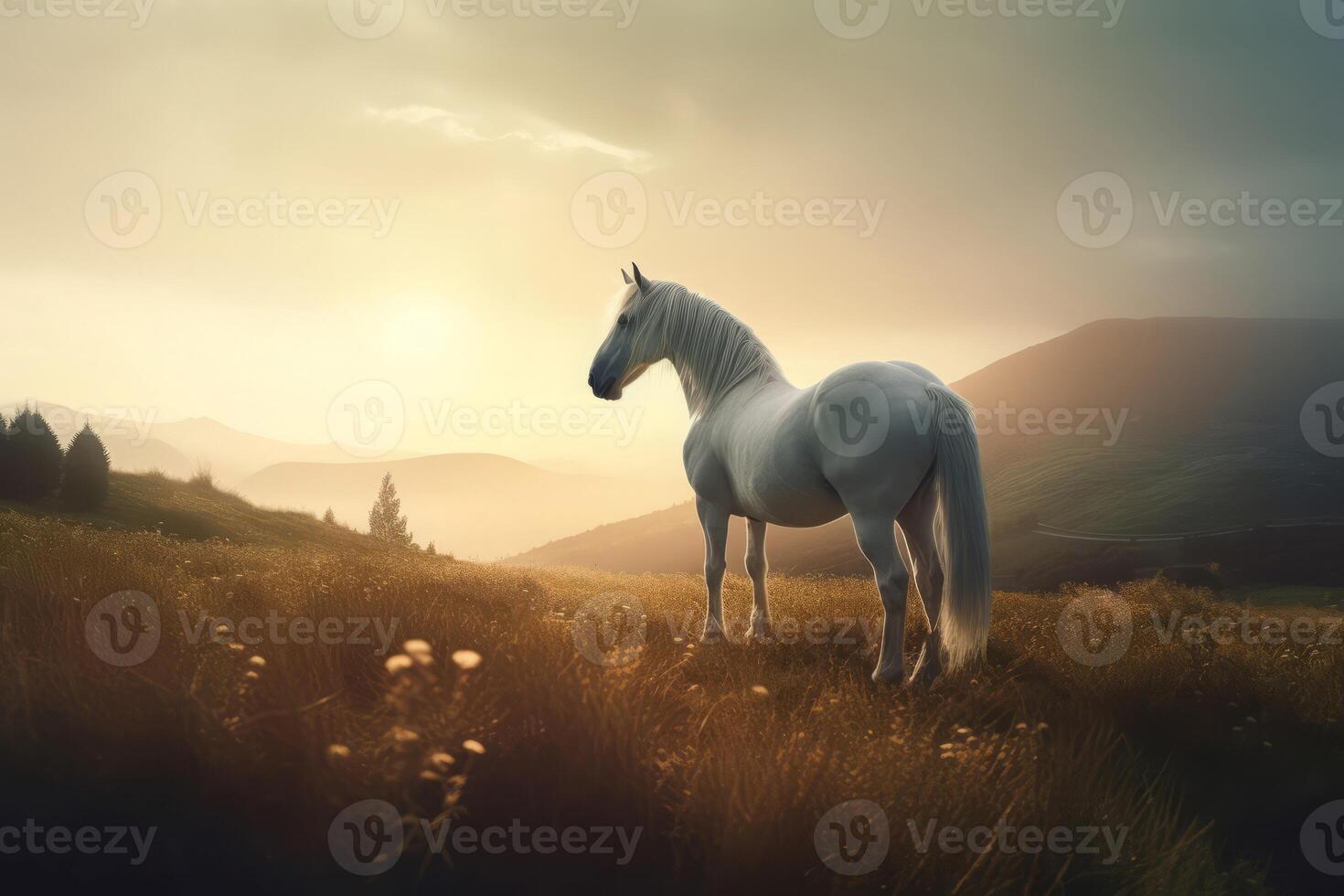 ai generado hermosa legendario blanco caballo en amanecer montaña vista. generar ai foto