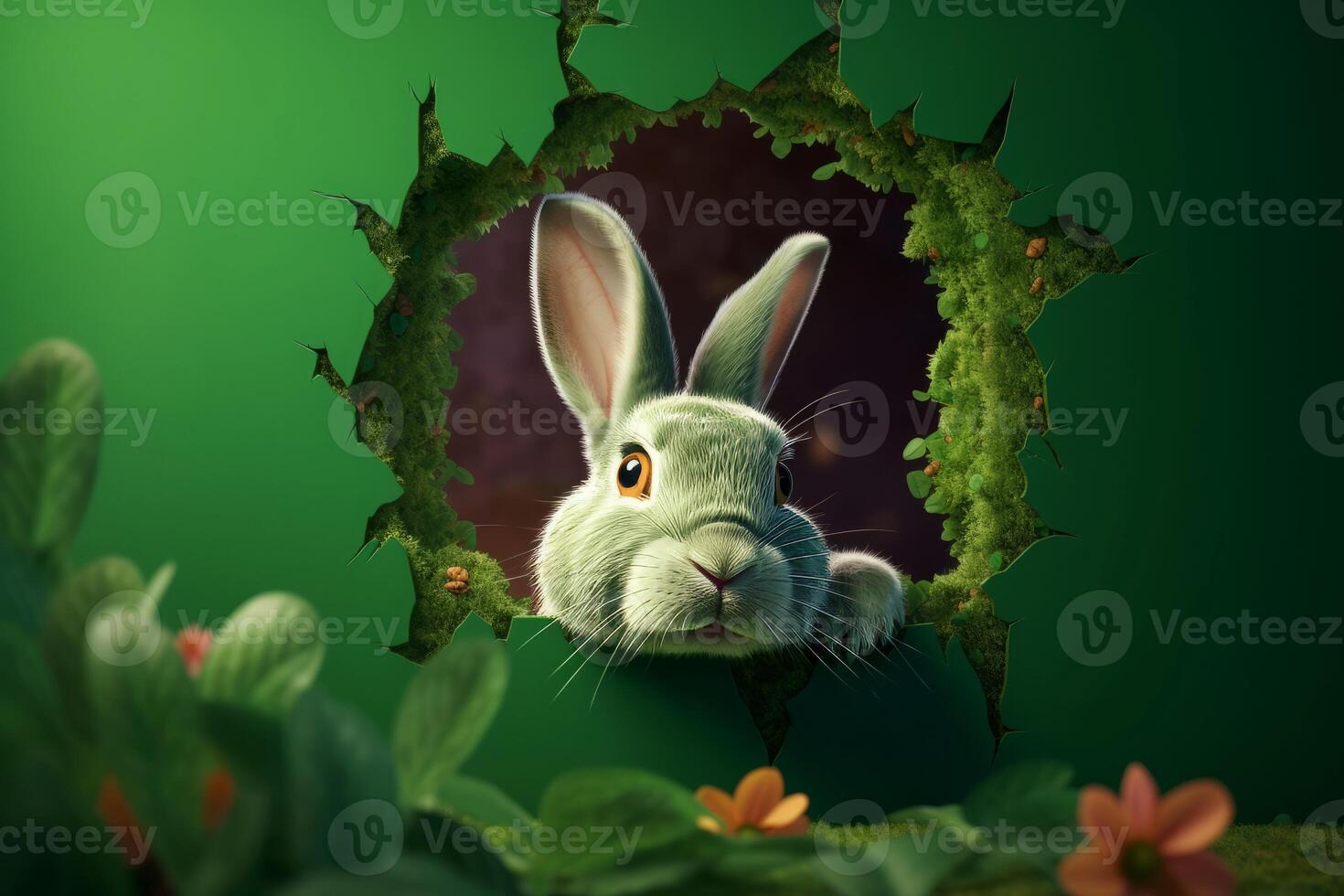 AI generated Bunny peaking out green hole. Generate ai photo