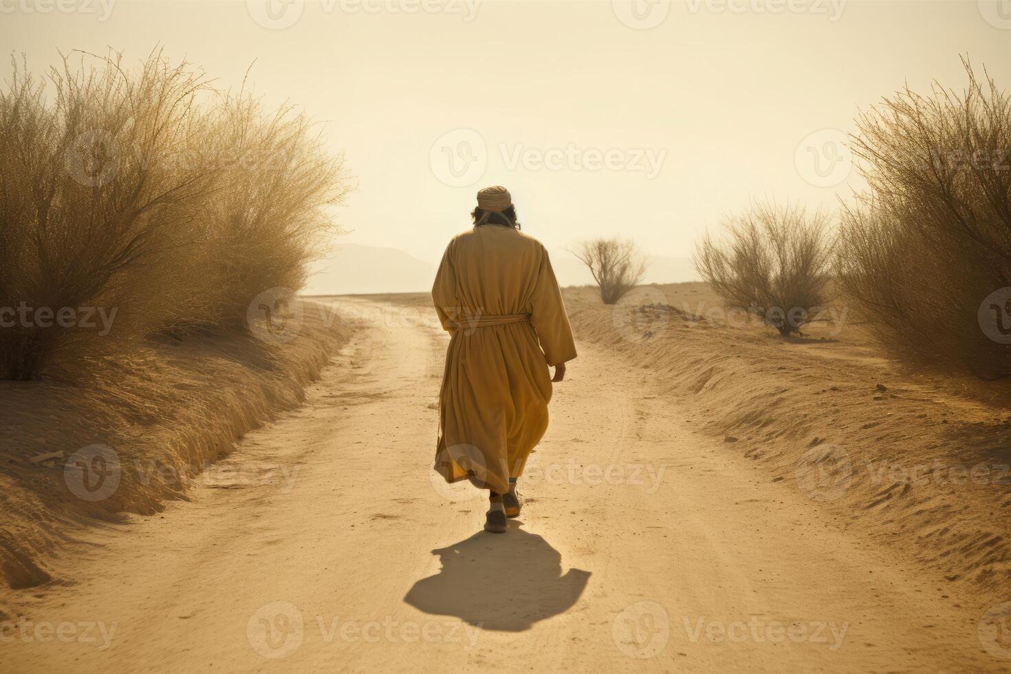 ai generado Israel Jesús caminando a lo largo Desierto ruta. generar ai foto