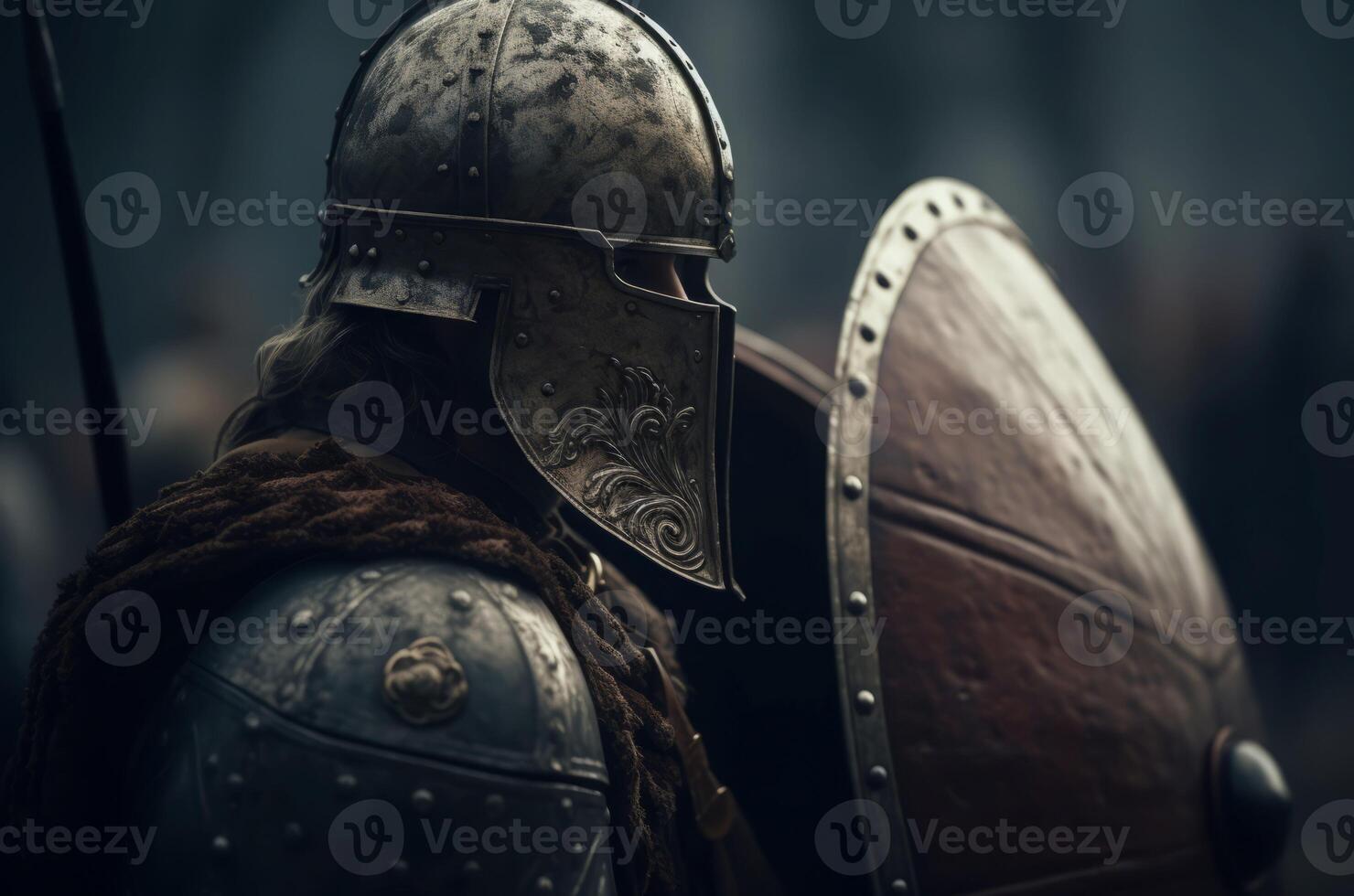 AI generated Legionary warrior holding metal battle shield. Generate ai photo