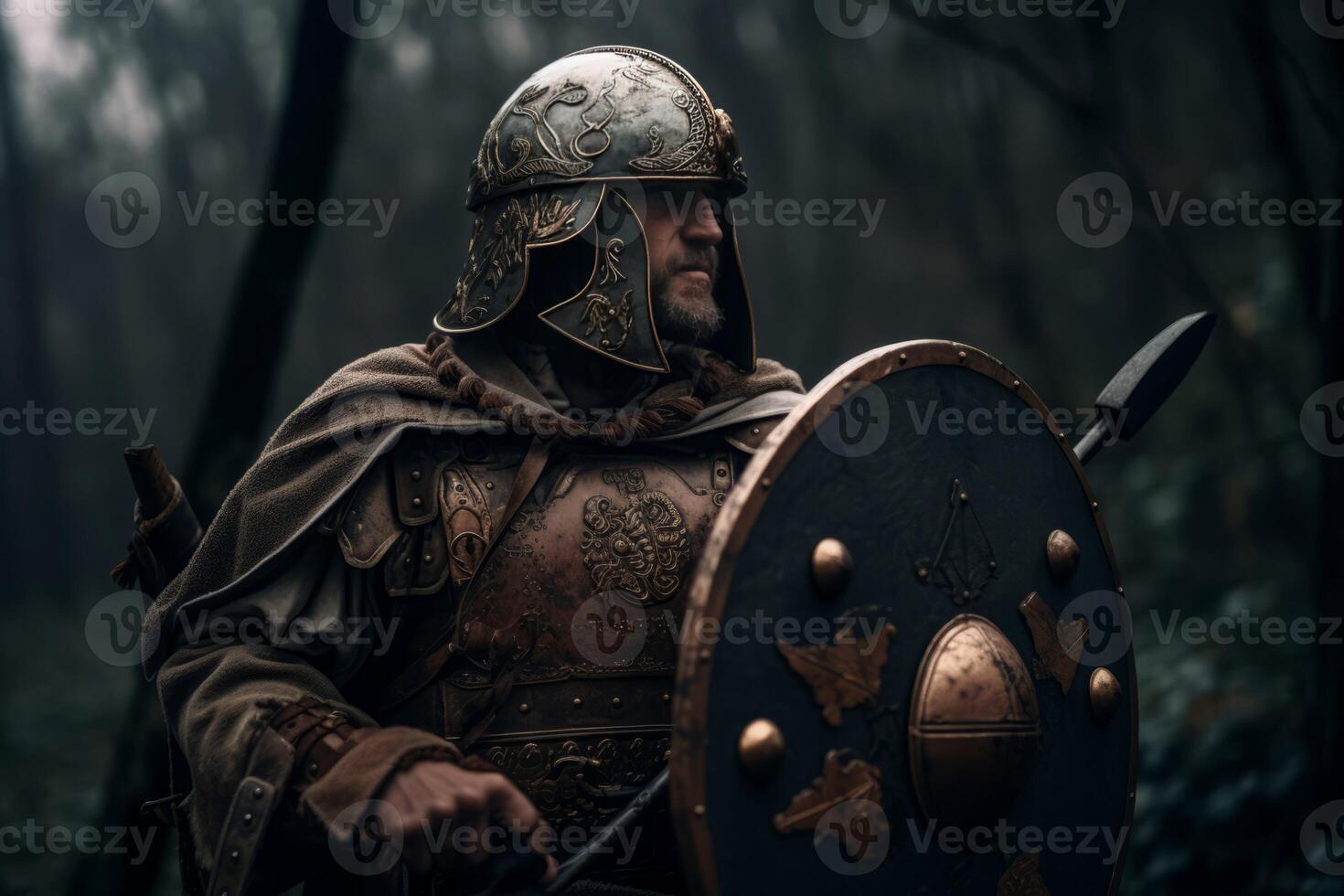 AI generated Legionary warrior battle holding shield and sword. Generate ai photo