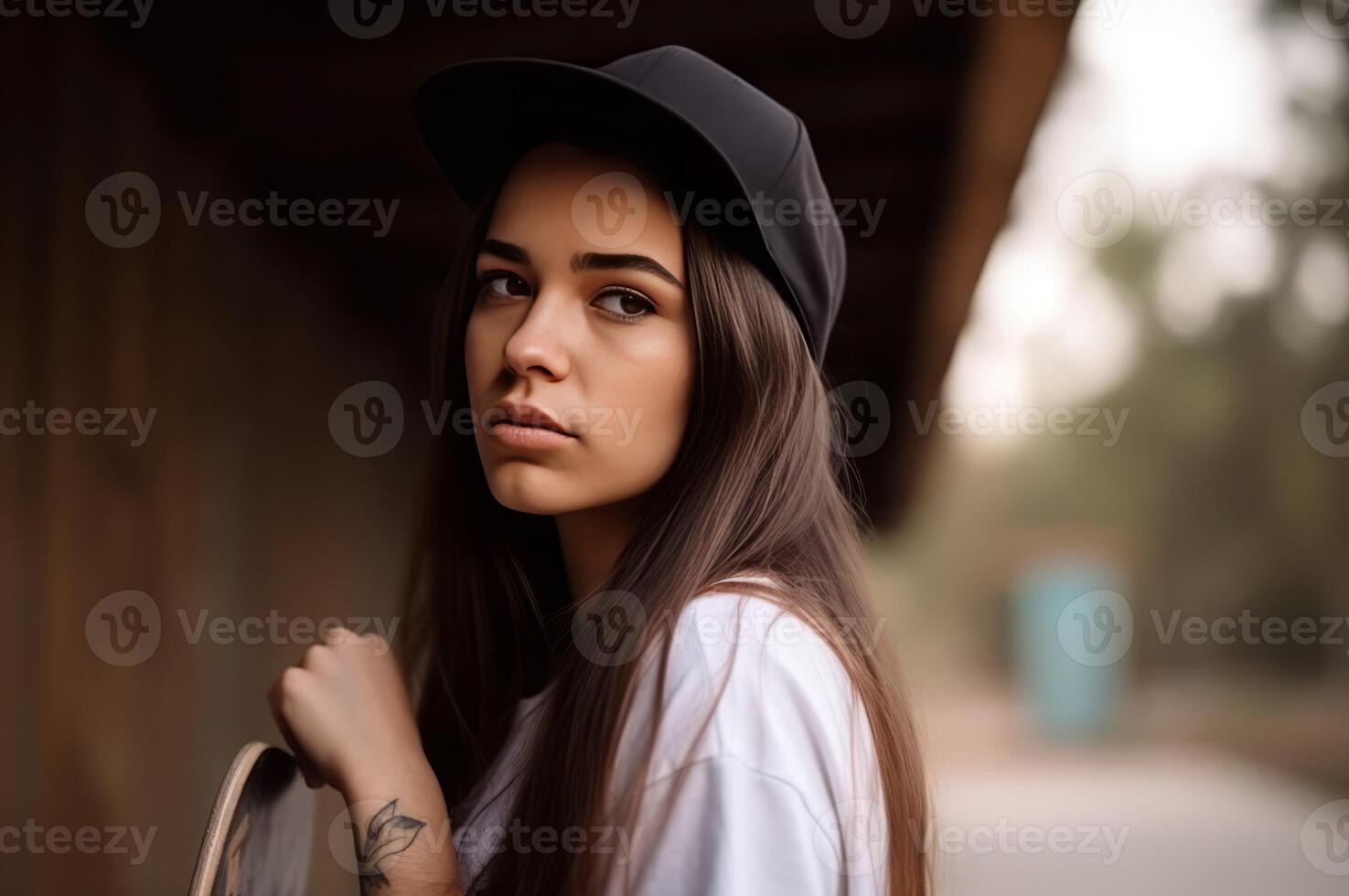 AI generated Pretty brunette female adolescent wearing cap with skateboard. Generate ai photo