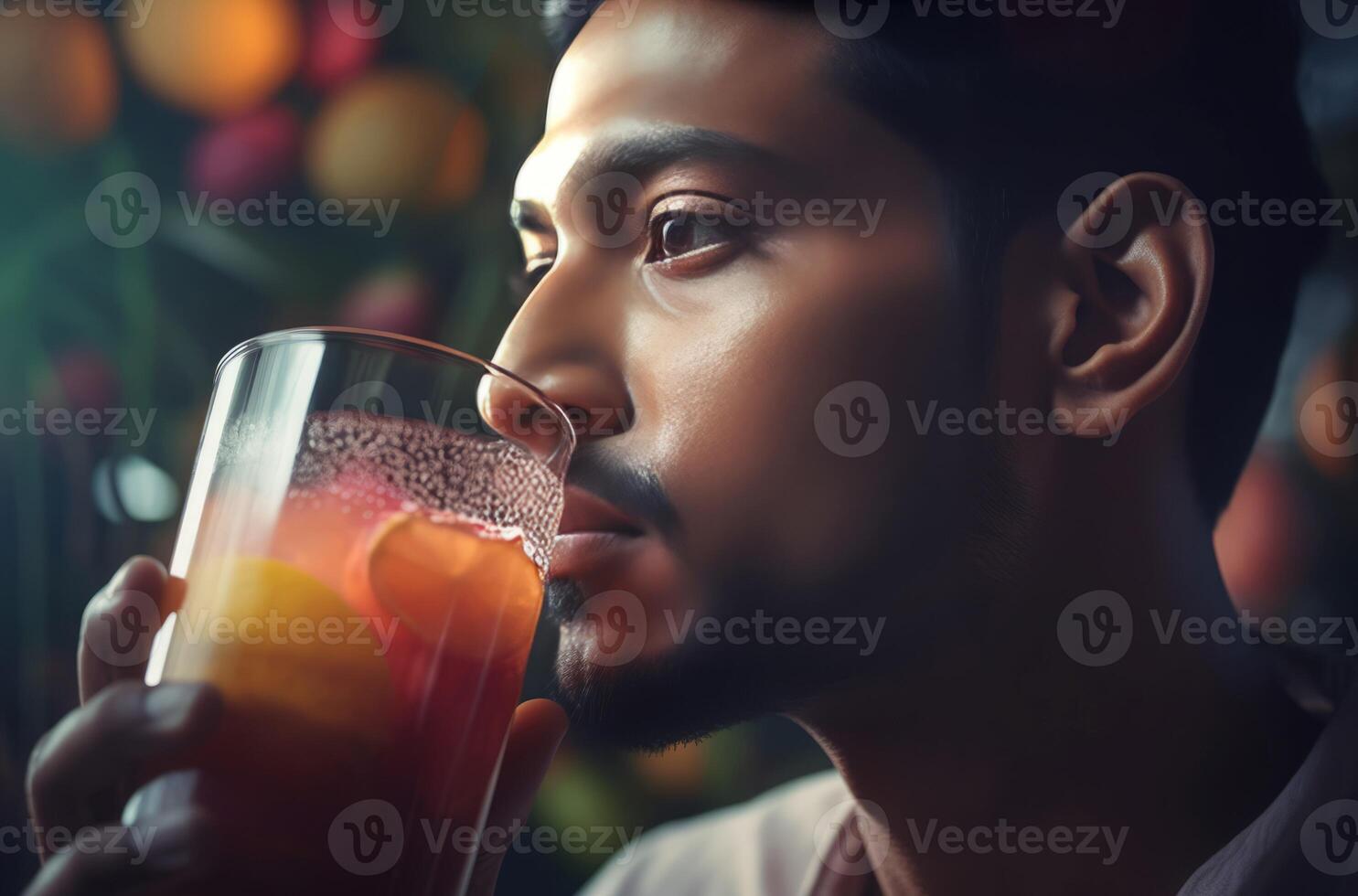 ai generado asiático hombre Bebiendo cítrico jugo vaso. generar ai foto