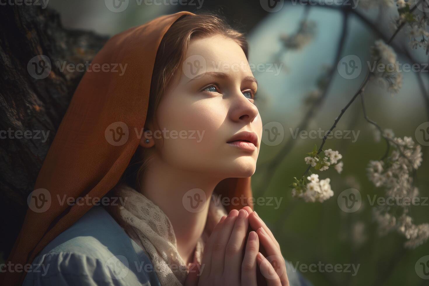 AI generated Beautiful girl prays in spring garden. Generate Ai photo