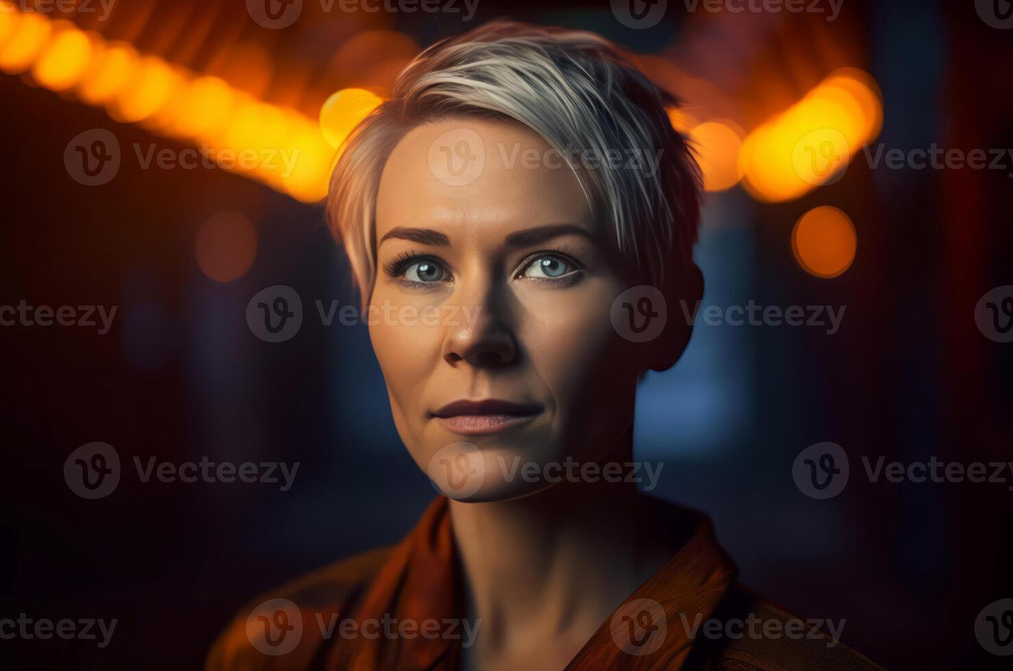 AI generated Attractive woman with short blond hair on dark background. Generate ai photo