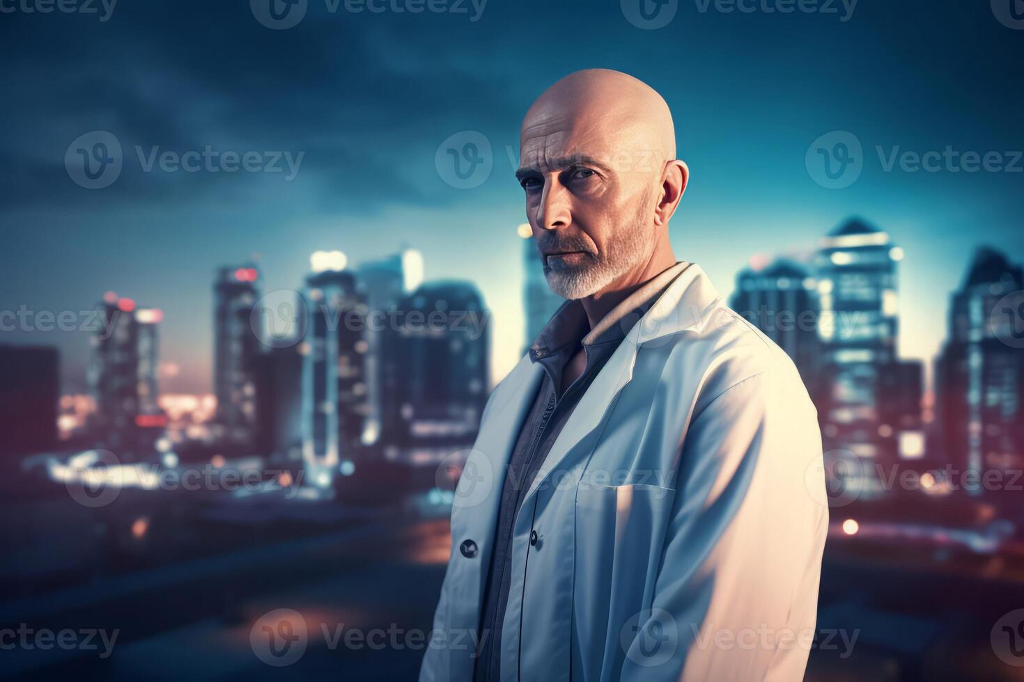 AI generated Bald headed doctor on night cityscape backdrop. Generate ai photo