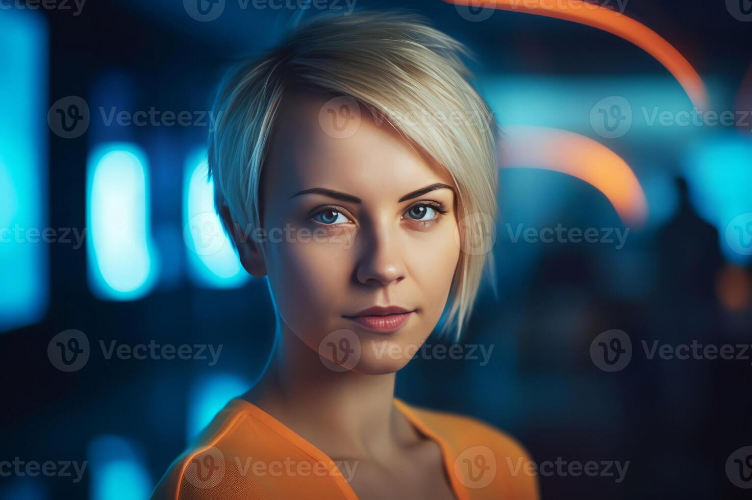 AI generated Attractive woman with short blond hair. Generate ai photo