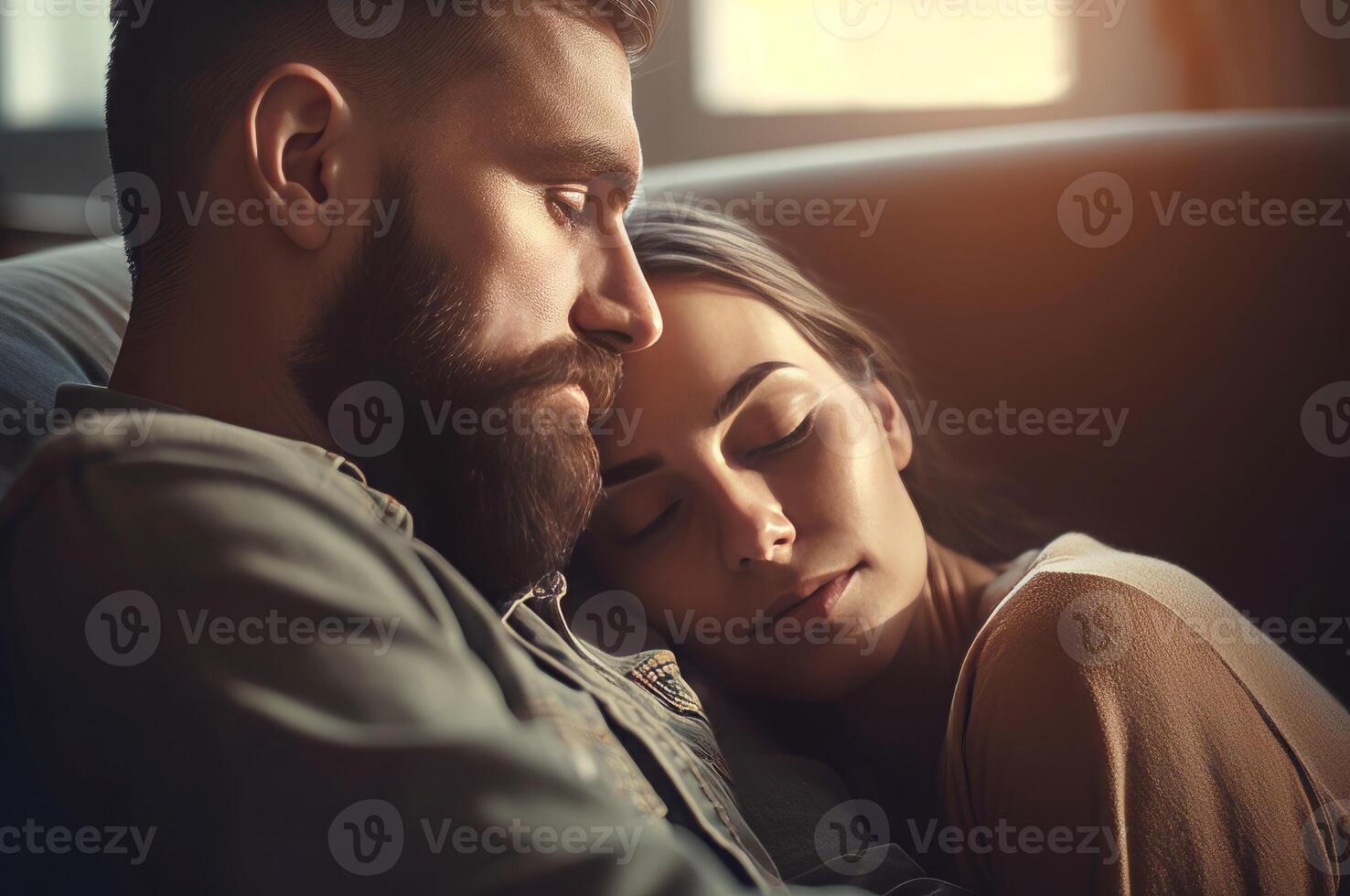 AI generated Relaxed couple cuddling on couch. Generate ai photo