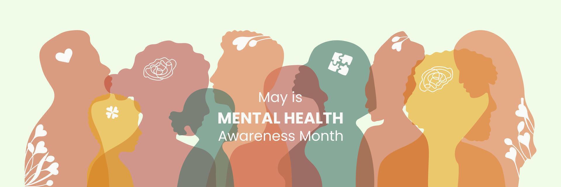 Mental Health Awareness month. Various silhouettes of adults and children of different nationalities and appearances. Psychological well-being presentation. Diversity people contour in flat style. vector
