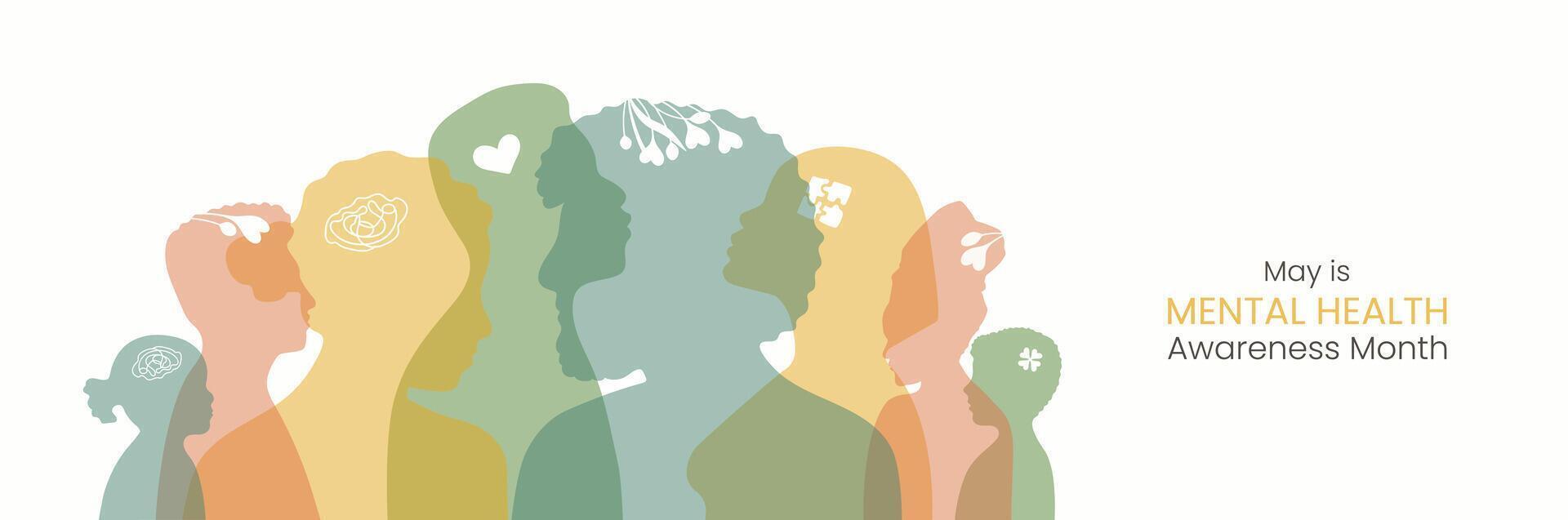 Banner May is Mental Health Awareness month. Horizontal design with Diversity people silhouette in flat style. Reminding about importance of good state of mind. Psychological well-being presentation. vector