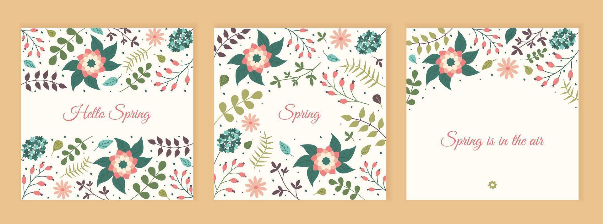 Hola primavera floral cuadrado carteles social medios de comunicación primavera enviar plantillas. conjunto de postales con hojas, flores y texto en pastel colores. minimalista estilo saludo tarjeta con botánico elementos. vector