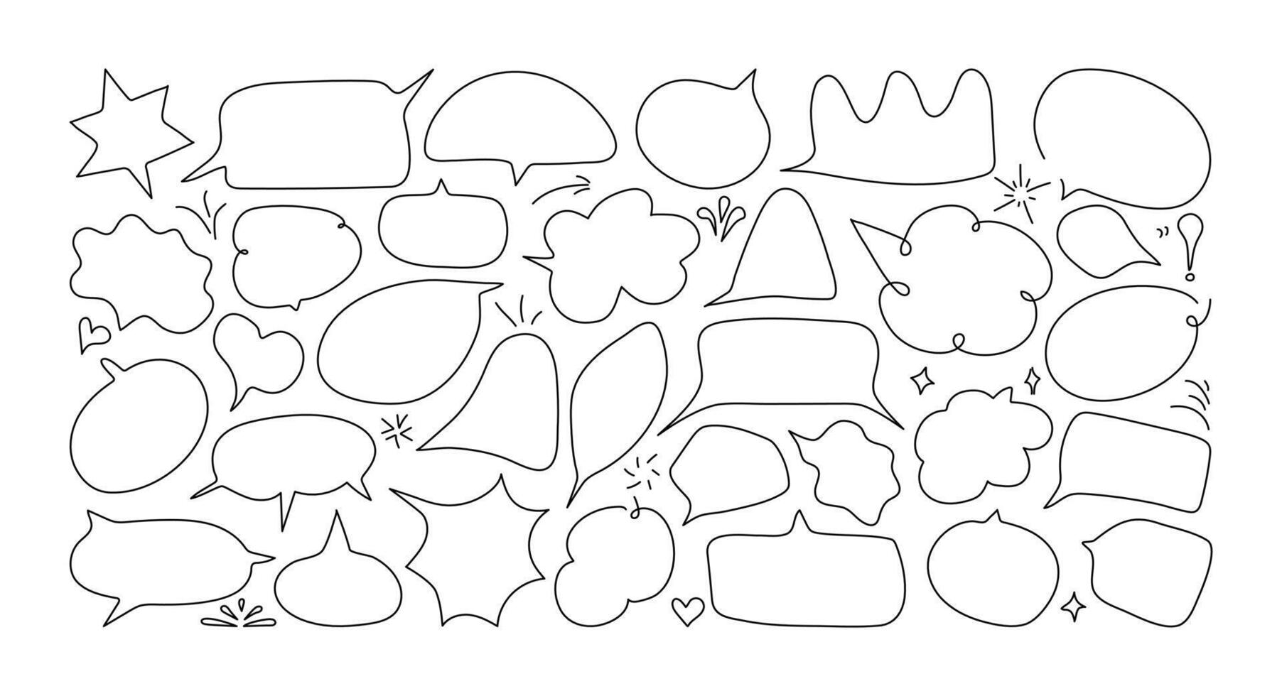 Sketch Speech and emphasis shape set. Hand drawn highlight and bubble, sparkle element. Vector Doodle illustration.