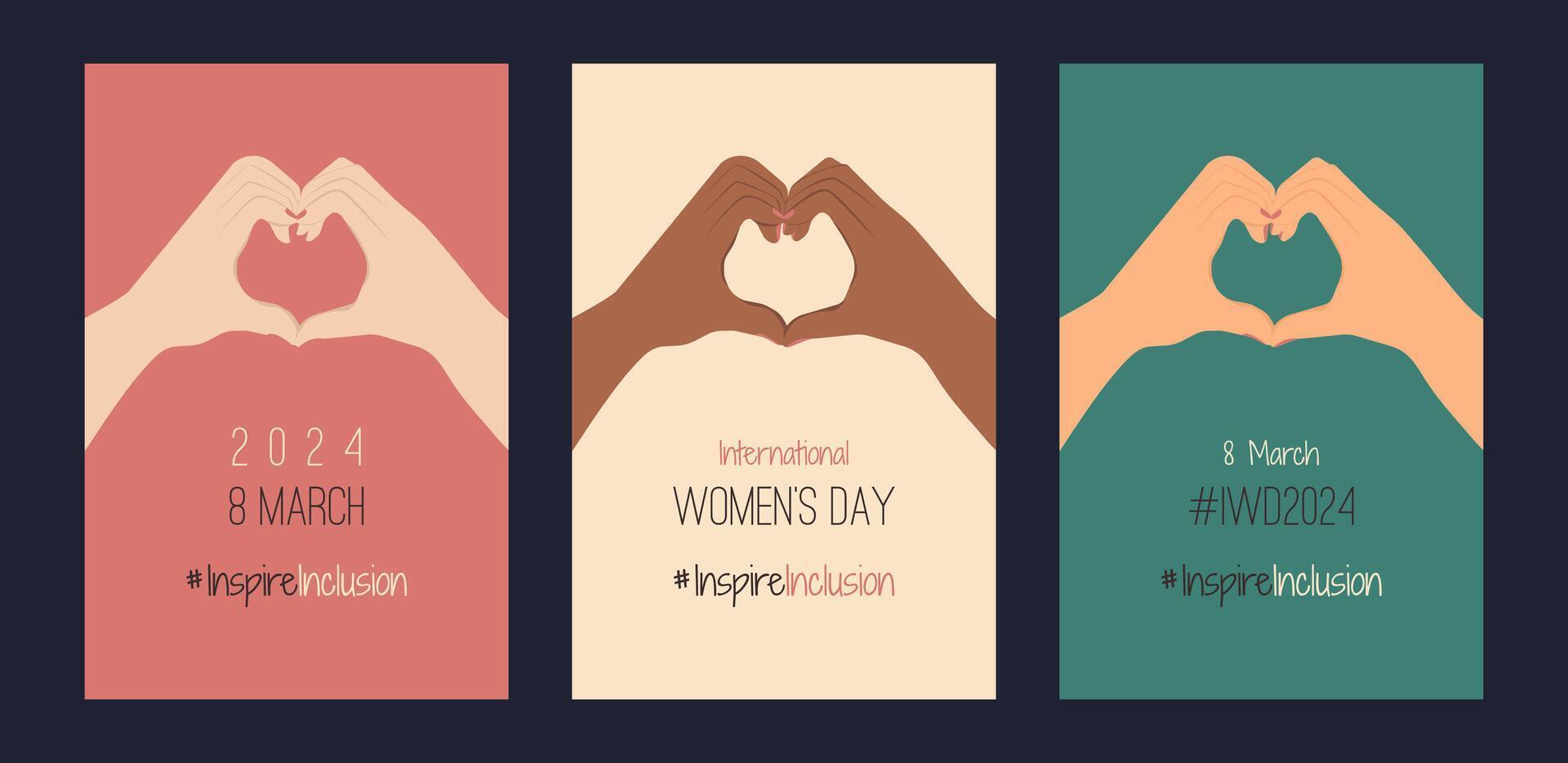 IWD design with hands show Heart Shape. Minimalist International Women's Day 2024 Posters with slogan InspireInclusion. Various color arms greeting card of social campaign Inspire inclusion in 8 March vector