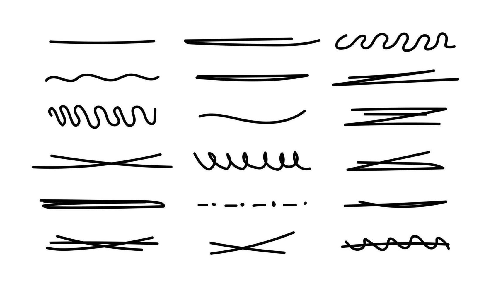 Hand drawn collection of different diary scribble lines and elements. Marker pen underline and strikethrough strokes for Note book. Swift crossed and wavy highlight markers for scribbling pad. vector