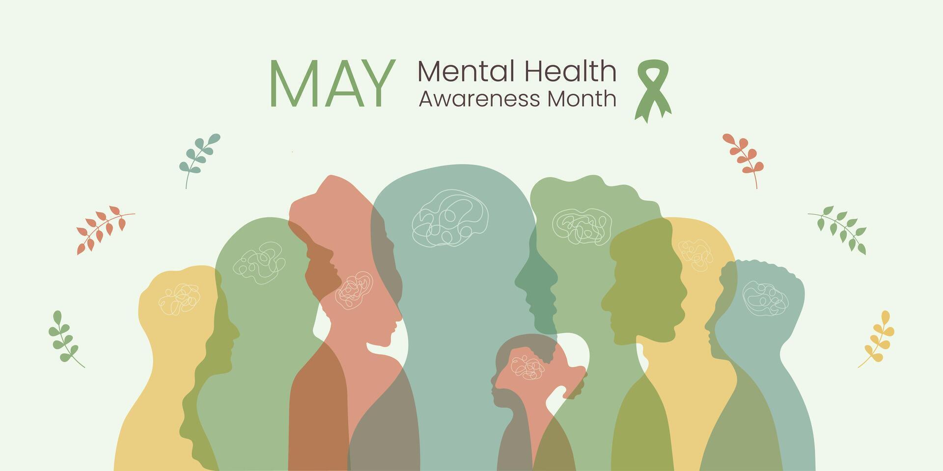 Mental Health Awareness Month Banner with Woman man children Silhouette. Psychological well-being concept with leaves and ribbon. Horizontal May design to remind about importance of good mood. vector
