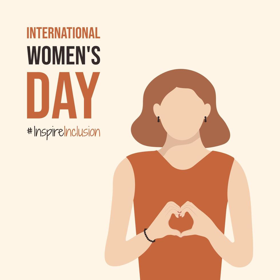 Woman fold her hands with heart for IWD postcard. Inspire Inclusion International Women's Day 2024 poster. Minimalist greeting card with InspireInclusion slogan and beautiful girl for print. vector