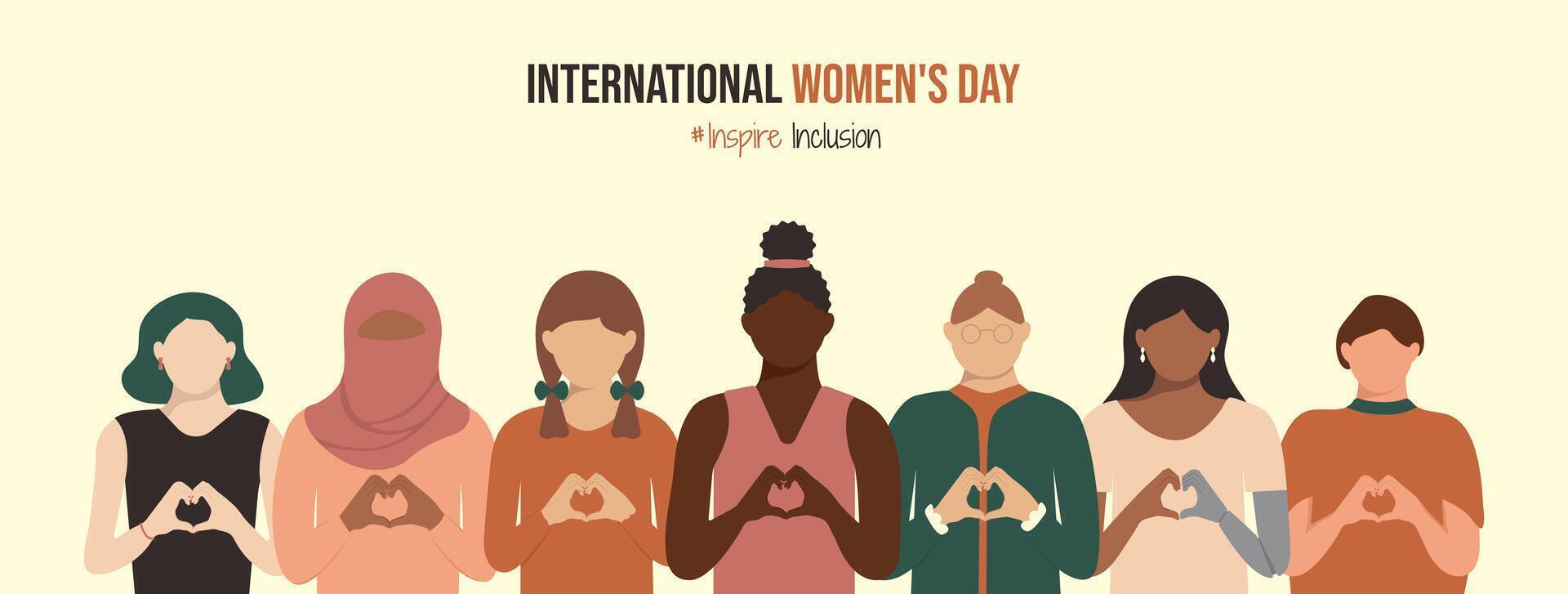 diverso mujer en inspirarinclusión internacional De las mujeres día bandera. inspirar inclusión eslogan en iwd 2024. muchachas de diferente siglos, religiones y piel colores en forma de corazon manos estar juntos. vector