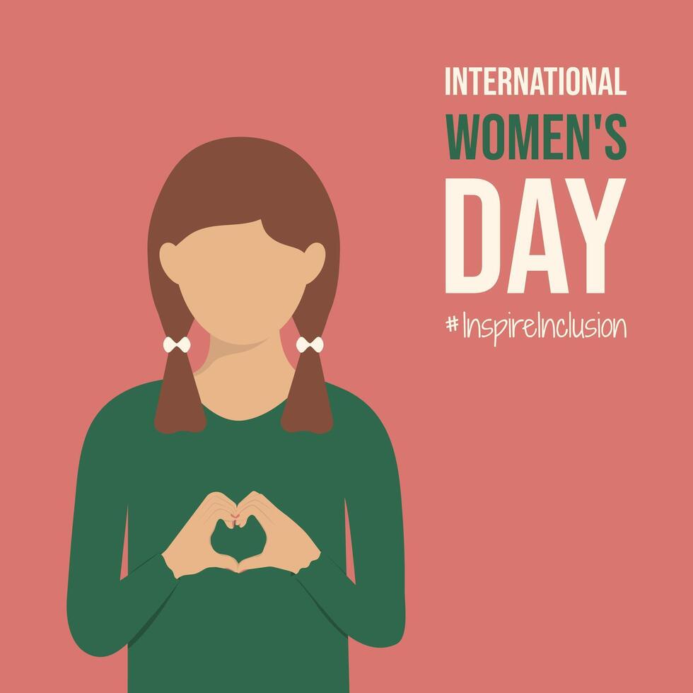 Child on Inspire Inclusion poster IWD 8 March 2024. Woman fold her hands with heart for International Women's Day pink Card. Minimalist InspireInclusion slogan and little girl with ponytails. vector