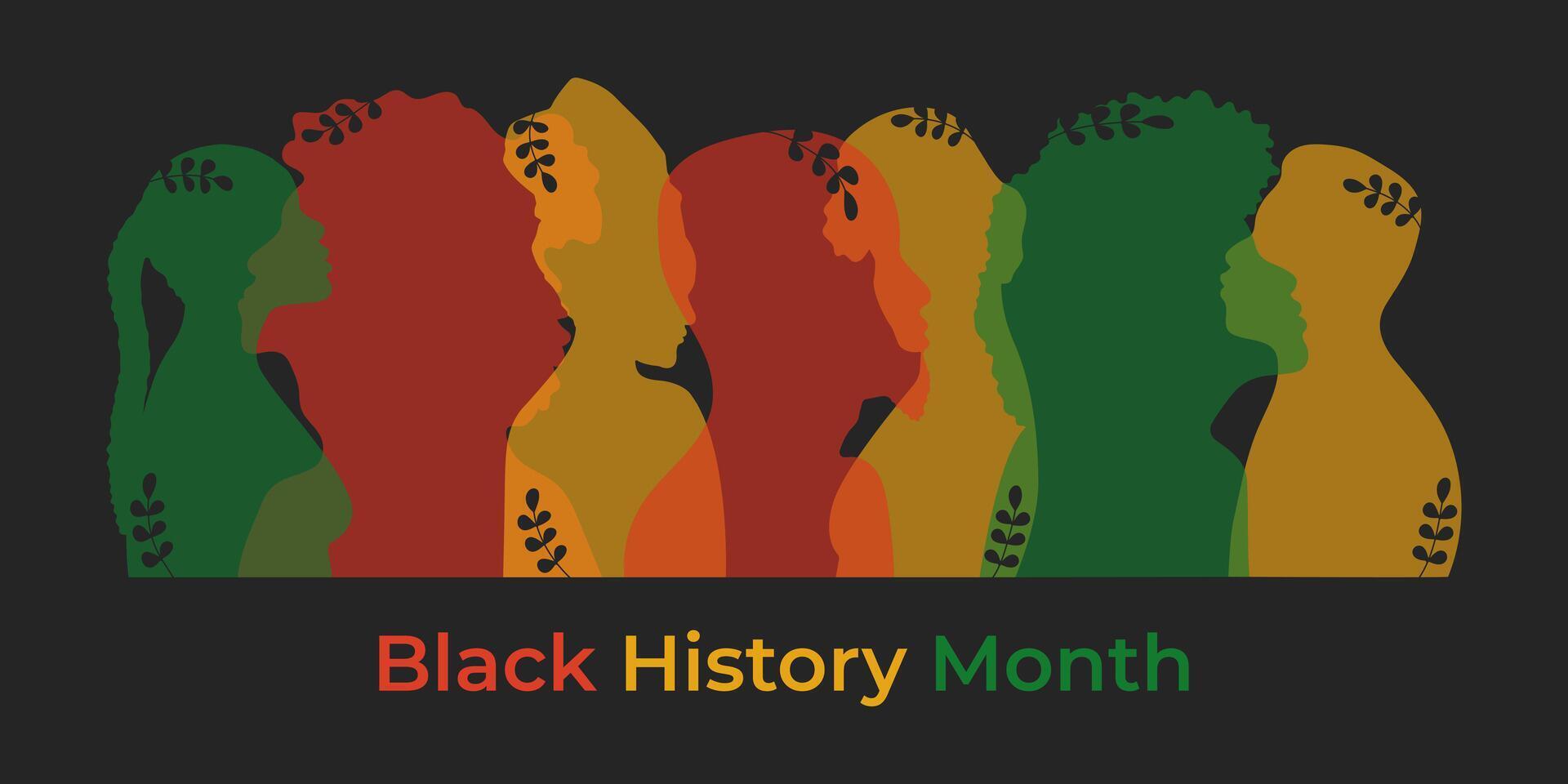 negro historia mes bandera. multicolor siluetas de africano mujer y hombres en un oscuro antecedentes. contento fiesta en febrero 2024. vector