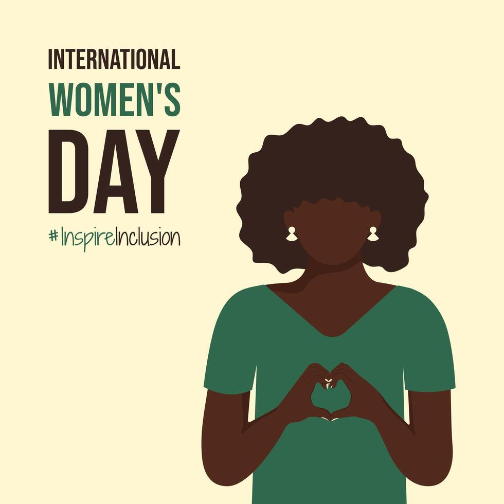 Postcard InspireInclusion International Women's Day. 8 March 2024 show Heart with your Hands. Card with Inspire Inclusion slogan and Faceless black african american attractive girl show sing of theme. vector