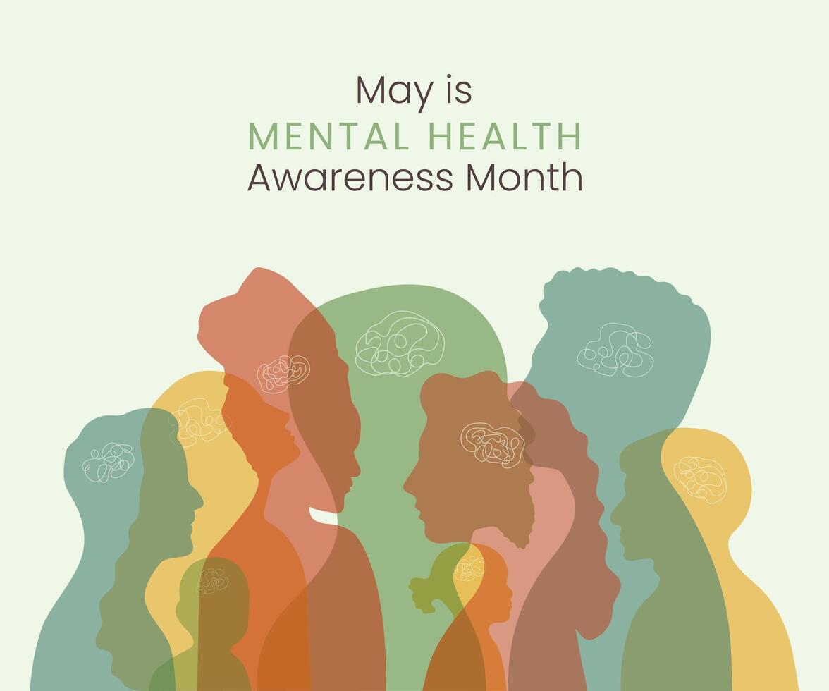 Mental Health Awareness Month Banner with Woman man children Silhouette. Psychological well-being concept with leaves and ribbon. Horizontal May design to remind about importance of good mood. vector