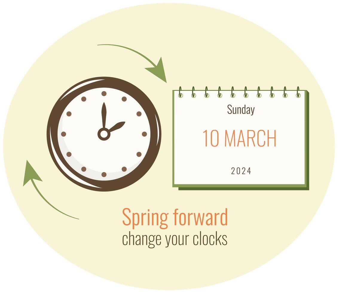 Spring forward 2024 10 March minimalist banner with Calendar and alarm. Daylight Saving Time begins simple design. Summer set clocks ahead hour. DST starts in USA reminder flat vector illustration.