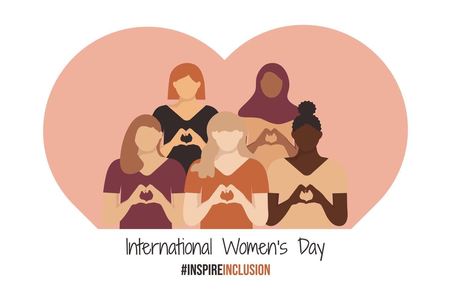 International Women's Day banner 2024. IWD InspireInclusion horizontal design with girls shows Heart Shape with their hands. Inspire inclusion social campaign. Varied Women in faceless style. vector