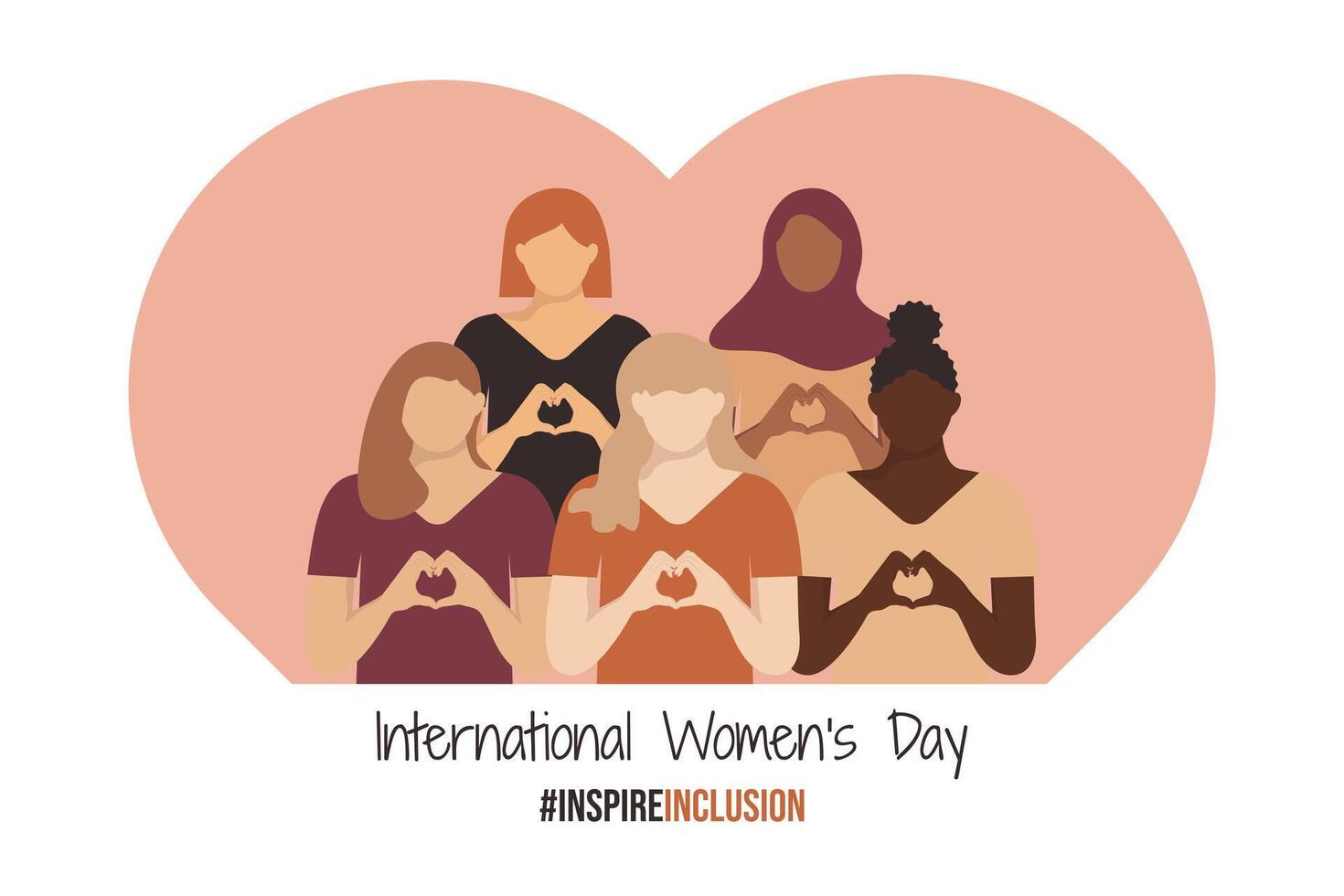 internacional De las mujeres día bandera 2024. iwd inspirarinclusión horizontal diseño con muchachas muestra corazón forma con su manos. inspirar inclusión social campaña. variado mujer en sin rostro estilo. vector