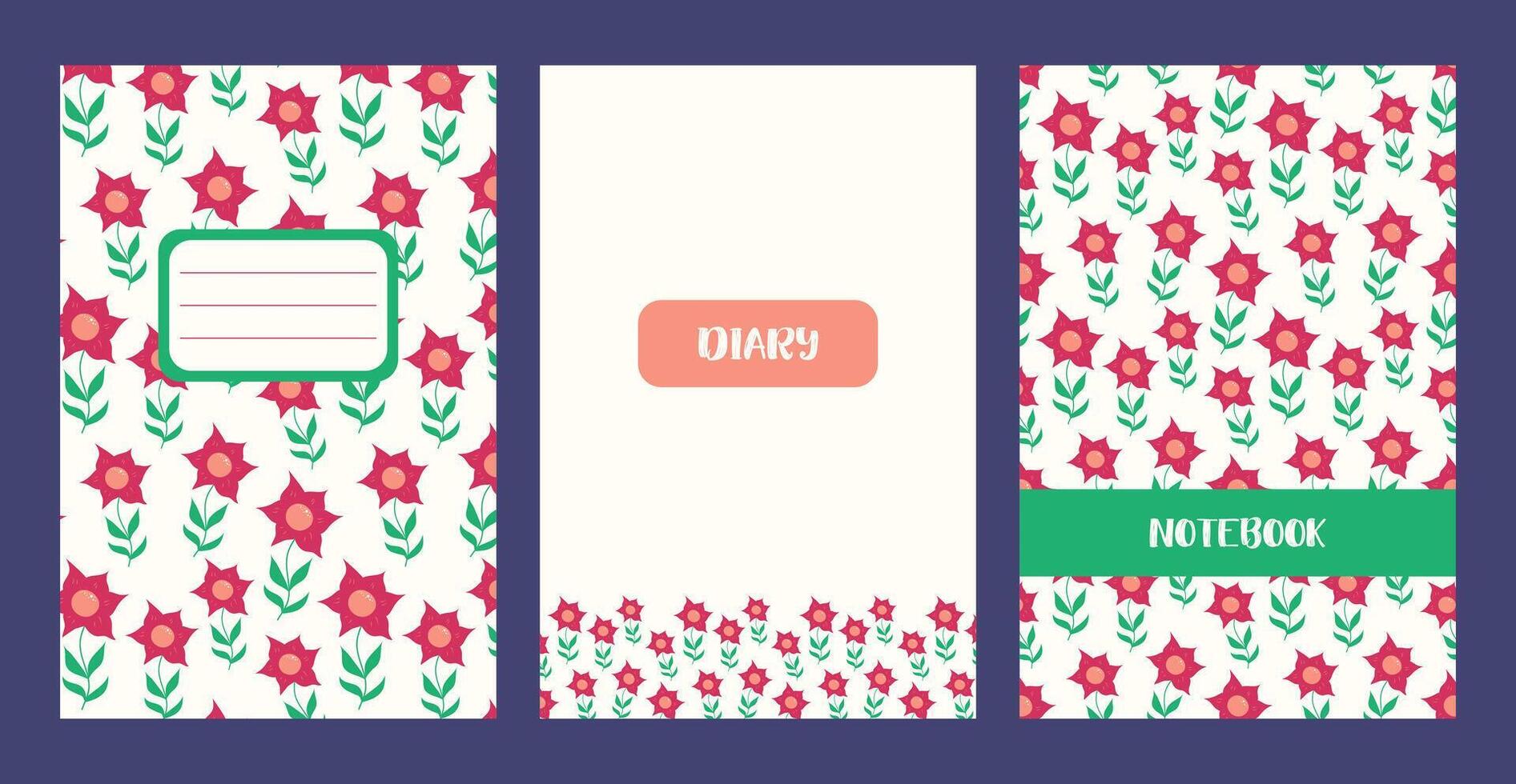 Exercise book Cover floral template. Minimalist Page of Notebook with spring flowers. Universal botanical layouts for diary. Vector design of Summer bright planner in flat style.