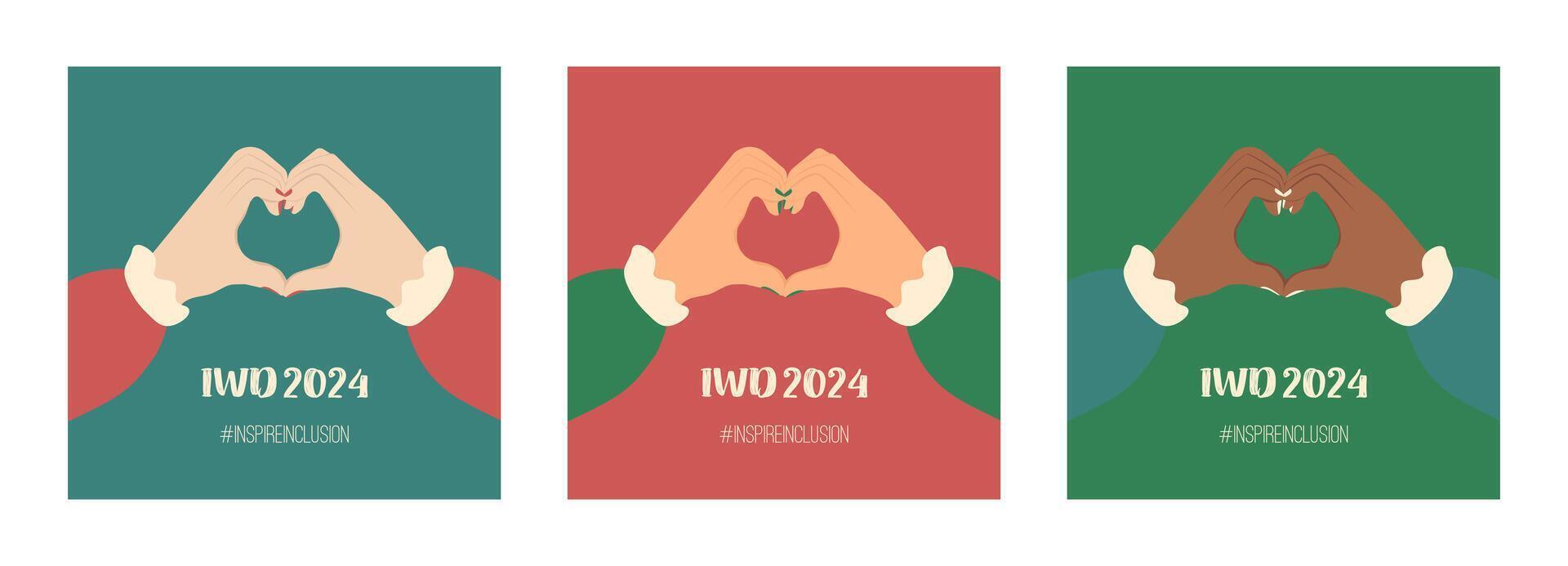 saludo tarjeta para internacional De las mujeres día 2024 con eslogan inspirar inclusión. iwd cuadrado diseño con manos espectáculo corazón forma. tarjeta postal para tema de social Campaña inspirar inclusión en 8 marzo. vector