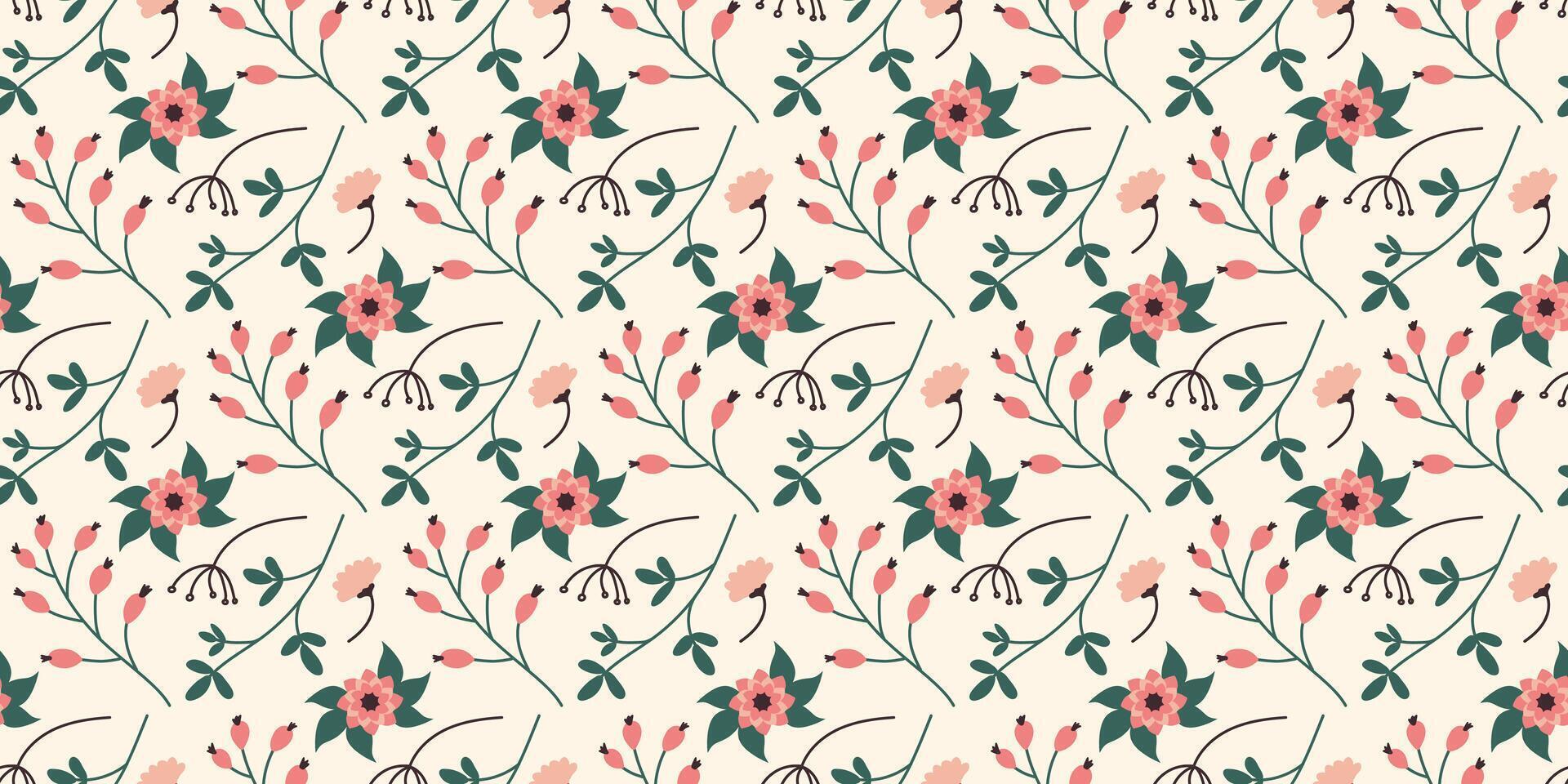 Spring flowers seamless Pattern in flat style. Summer meadow leaves design. Floral endless simple decorative vector illustration for print and Mother and Women Day background.