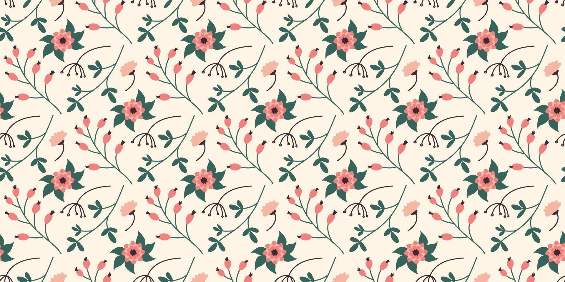 Spring flowers seamless Pattern in flat style. Summer meadow leaves design. Floral endless simple decorative vector illustration for print and Mother and Women Day background.