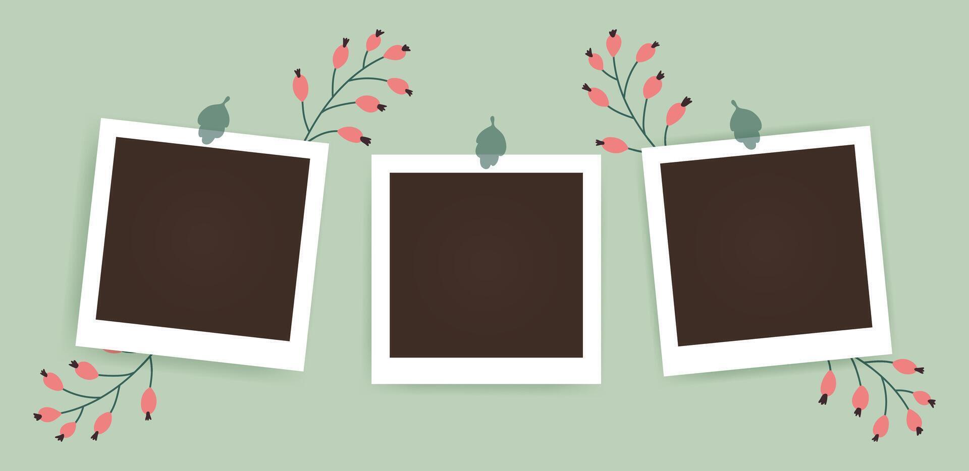 Spring Floral photo frame mockups. Photography album template. Spring empty image for memory. Blank realistic postcard for Women and Mother Day. Vector scrapbook with pastel flowers in flat style.